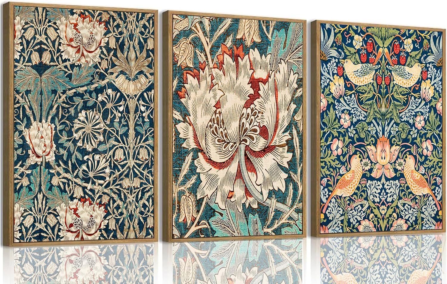 Colorful Flower Framed Canvas Wall Art Set of 3, 12×16 inch | Vintage Botanical Wall Decor, William Morris Colorful Flower Print Set, Farmhouse Artwork for Living Room or Bedroom