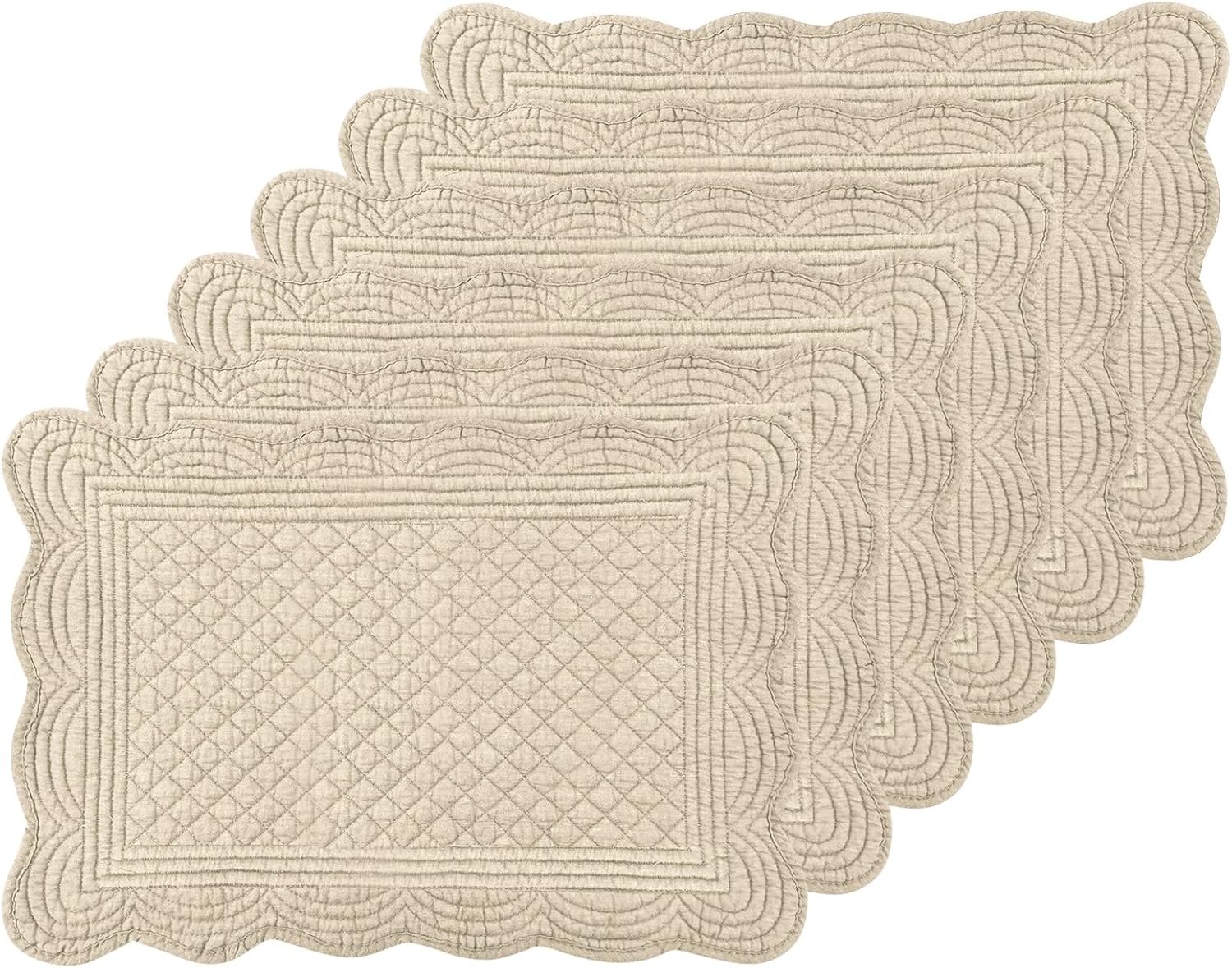 6 PC Quilted Placemats, 18″X13″Extra Large Cotton Placemats Set of 6, 100% Cotton Fabric Washable Cloth Table Mats for Kitchen & Dining Table – Soft &Easy Clean(Flax, Rectangular)