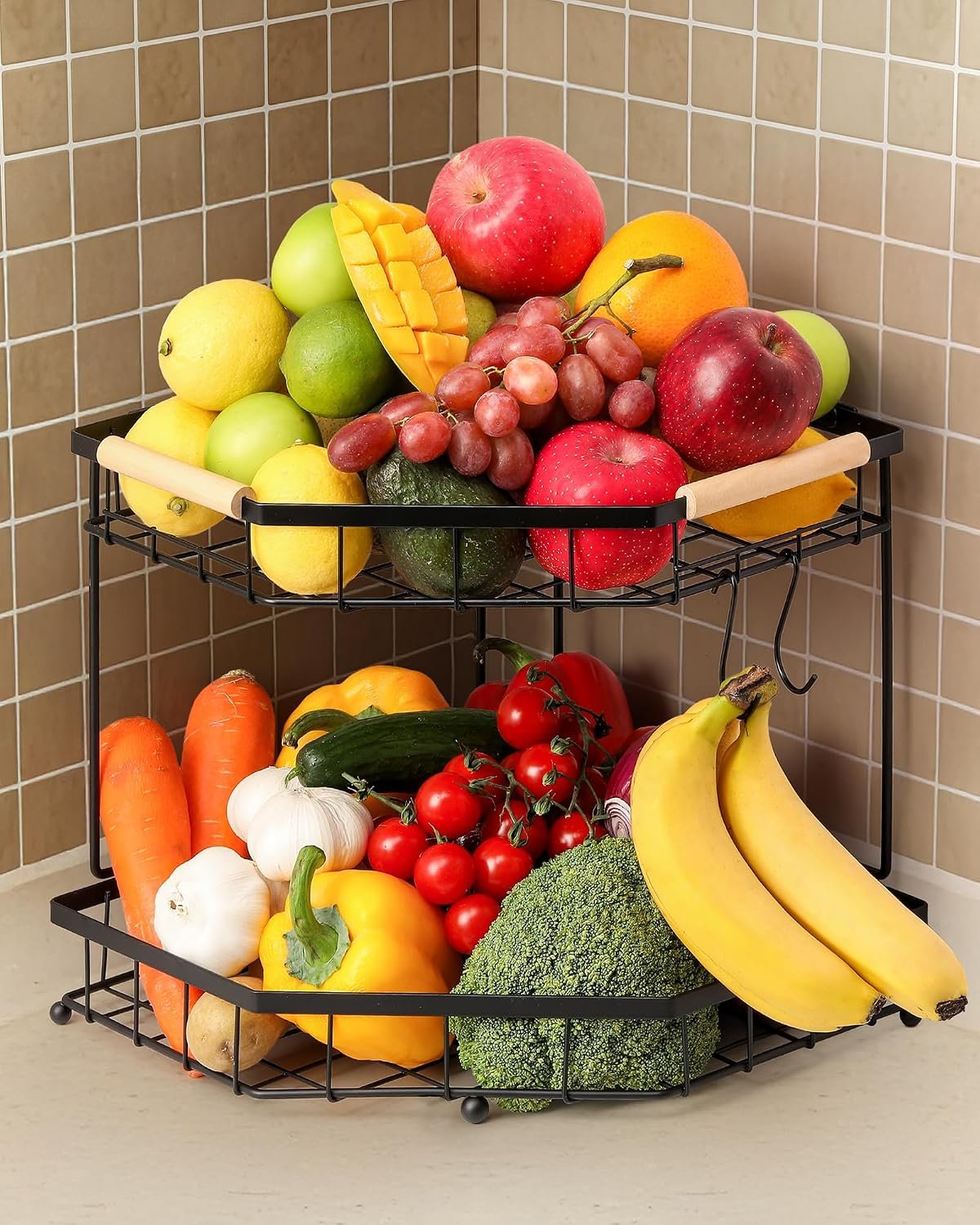 2 Tier Corner Fruit Basket for Kitchen Counter with Banana Hangers, Detachable Fruit Bowl with Wooden Handle, Metal Corner Rack for Fruit and Vegetable Storage, Kitchen Countertop Organizer