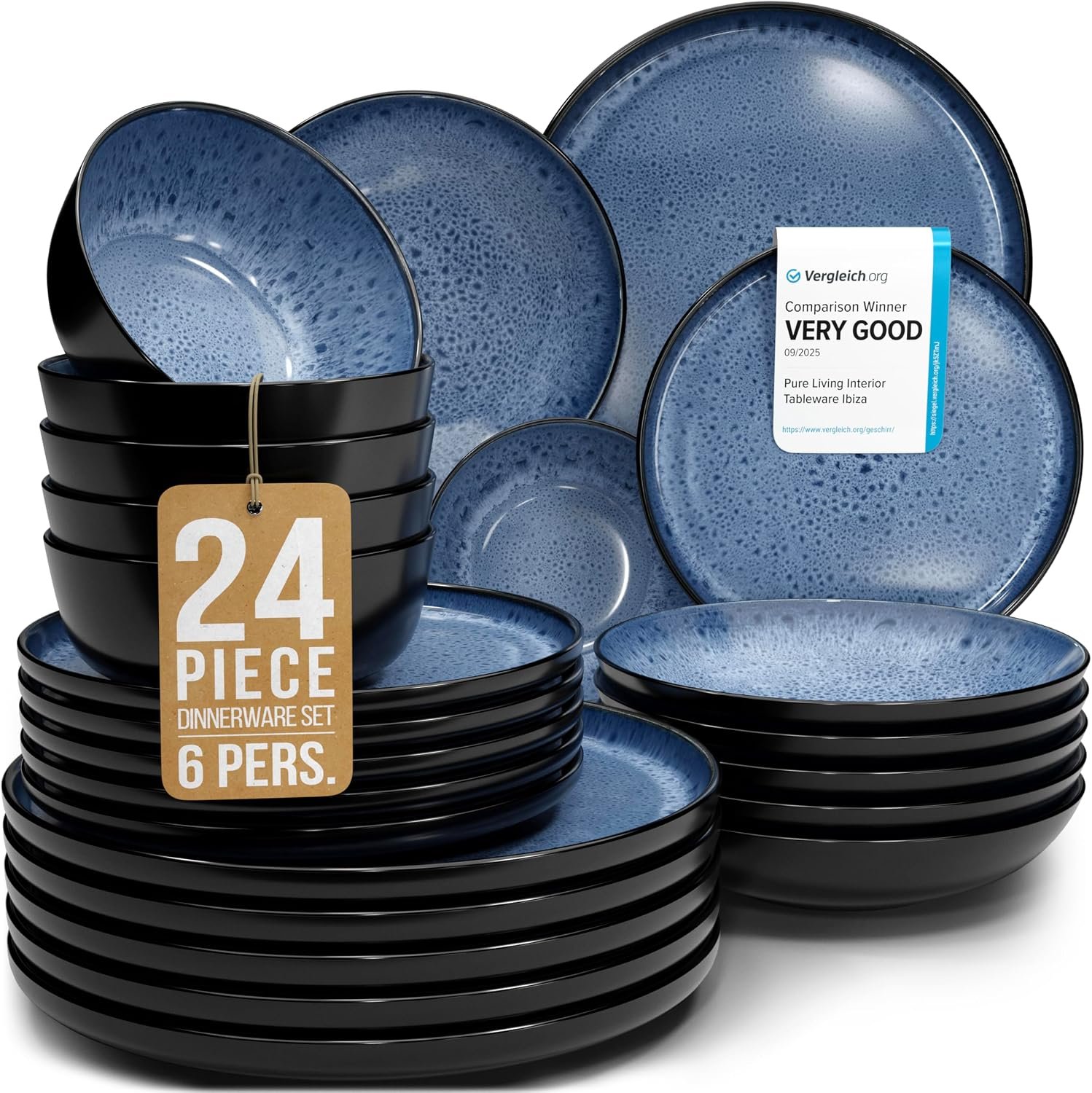 24 Piece Dinnerware Sets for 6 – Stoneware Tableware Set – Bowl and Plate Set – Dinner Service 6 persons – Tableware Sets Pure Living Black Deep Blue