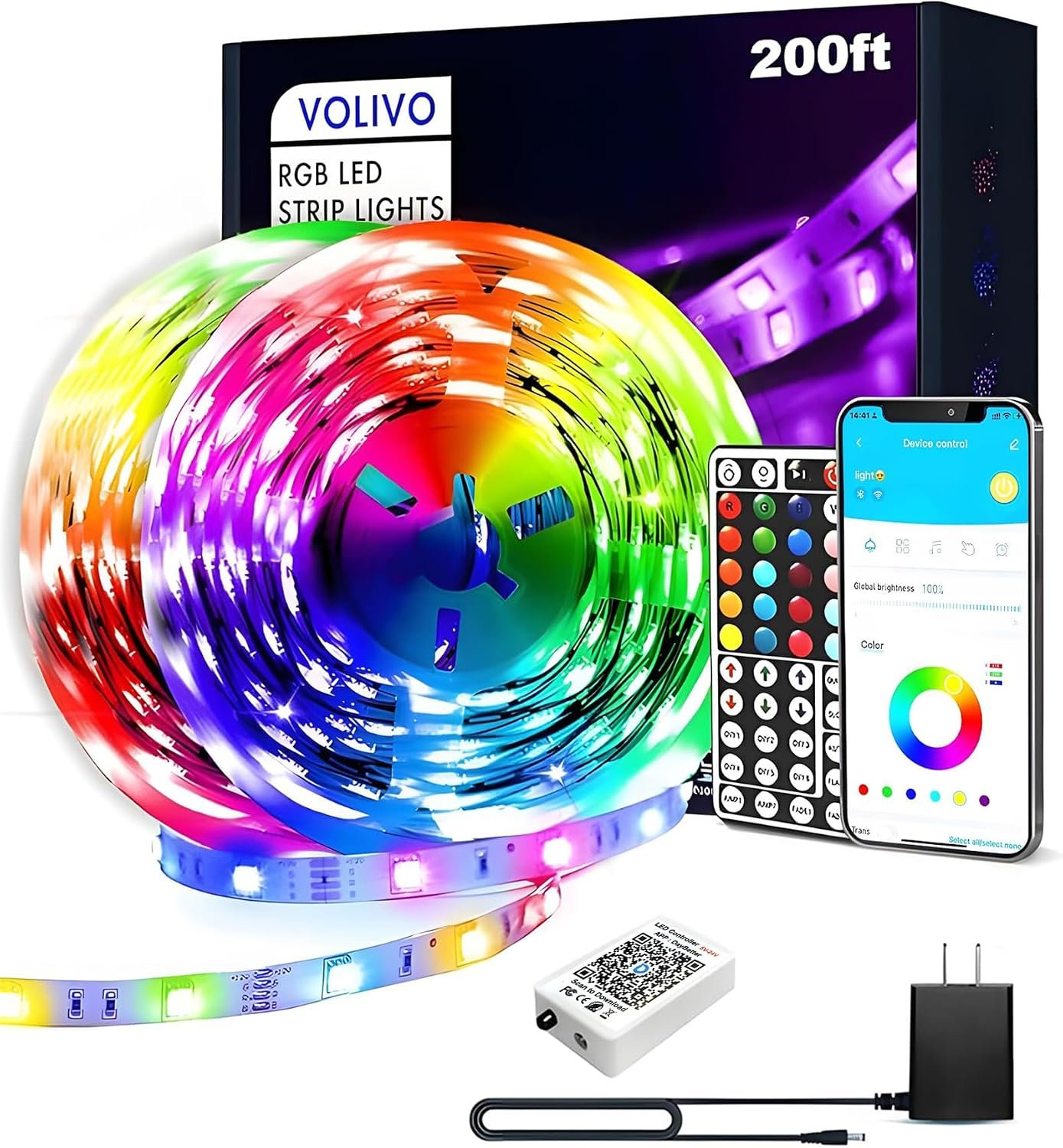 VOLIVO LED Strip Lights for Bedroom 200ft(2 Rolls of 100 ft), Smart Bluetooth RGB Light Strips with App Control & Music Sync, Color Changing LED Lights for Room, Home, Party Decor | 2 Rolls 100ft, Smart Bluetooth App Control, Music Sync, Party Home Decor