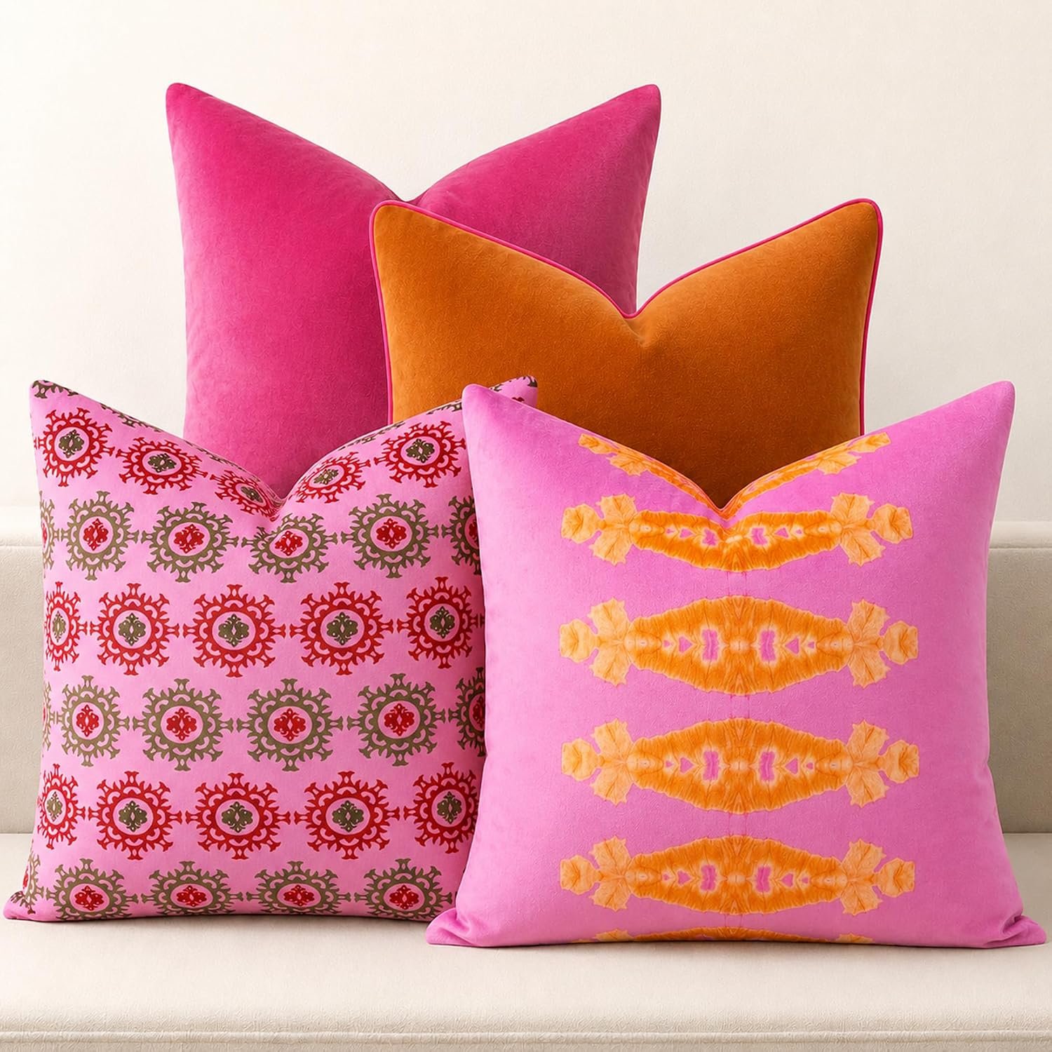 Pink Patterned Decorative Throw Pillow Covers, Set of 4, 18×18 Inch Bold Boho Accent Pillow Cover 4 Pack