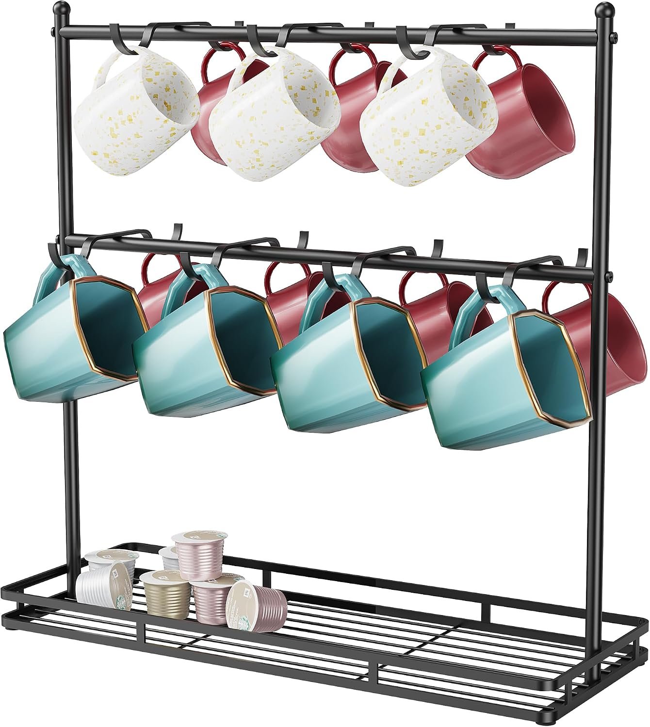 OROPY Coffee Mug Holder for Countertop, Mug Tree Rack with Heavy Duty Base | 14-Hook, 2 Tier Metal Mug Display Stand with Storage Base for Home Kitchen