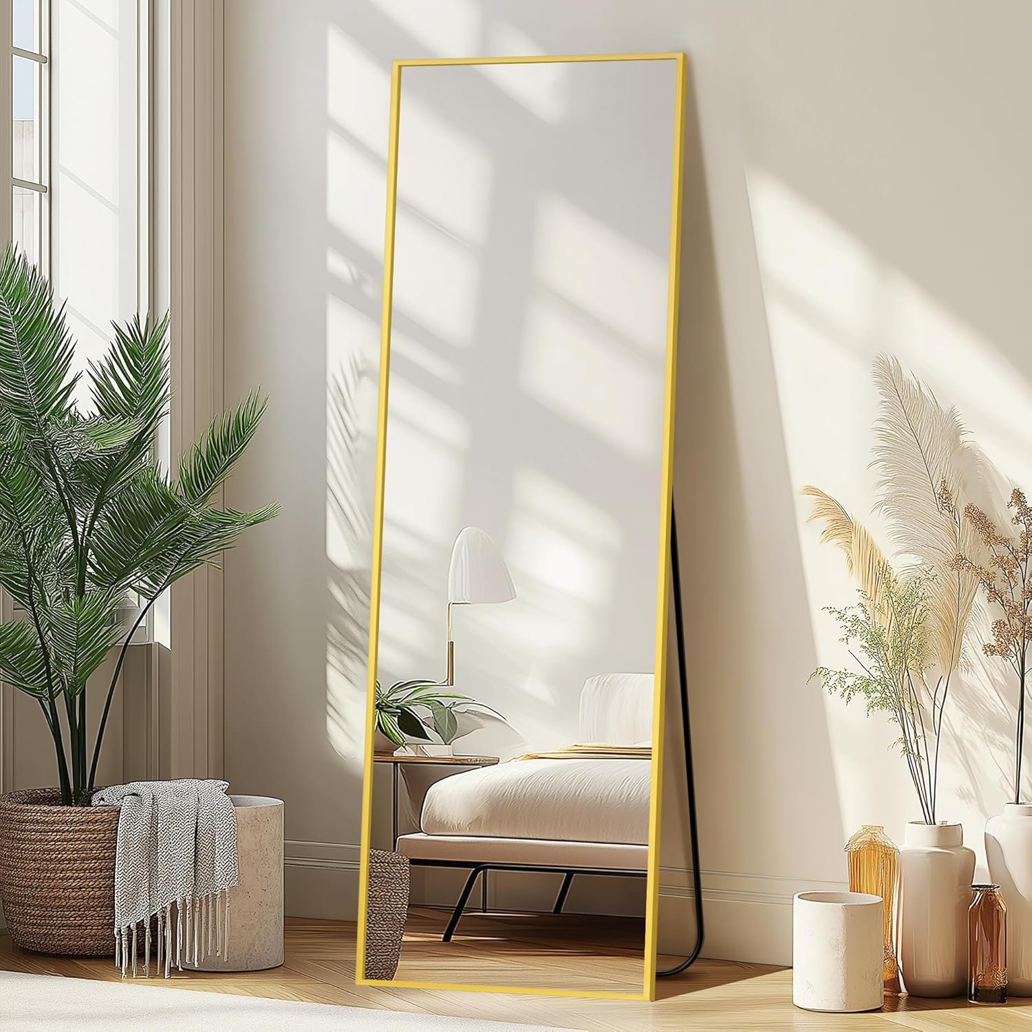 Full Length Mirror,Large Floor Mirror with Aluminum Frame for Bedroom, Bathroom, Living Room,Wall Mount or Freestanding Design(with Stand,Rect 56×15-Gold)