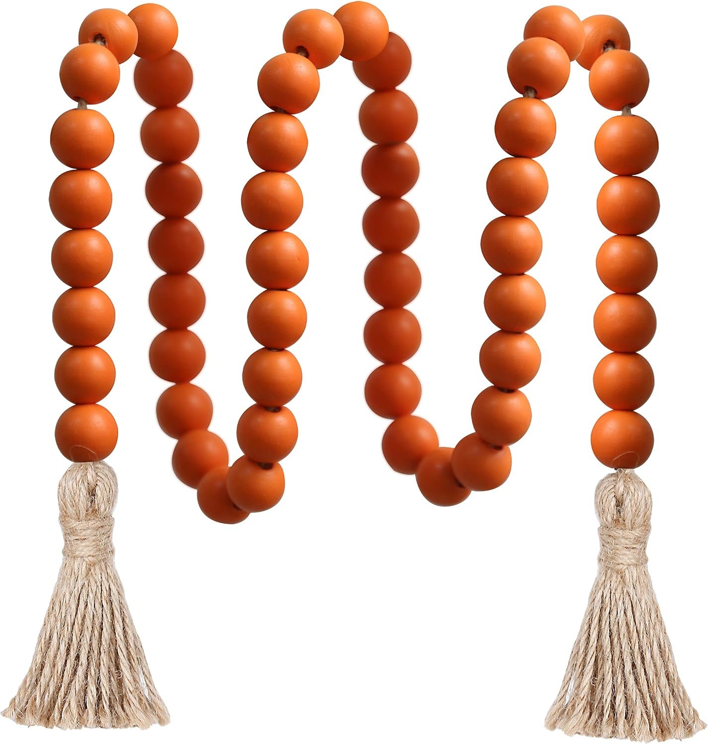 Meplait 39in Wood Bead Garland, Farmhouse Beads with Tassels, Orange | Boho Wall Hanging Home Decor, Handmade Natural Wooden Beads, Decorative Beads for Shelf, Tray, Mantel, Festival