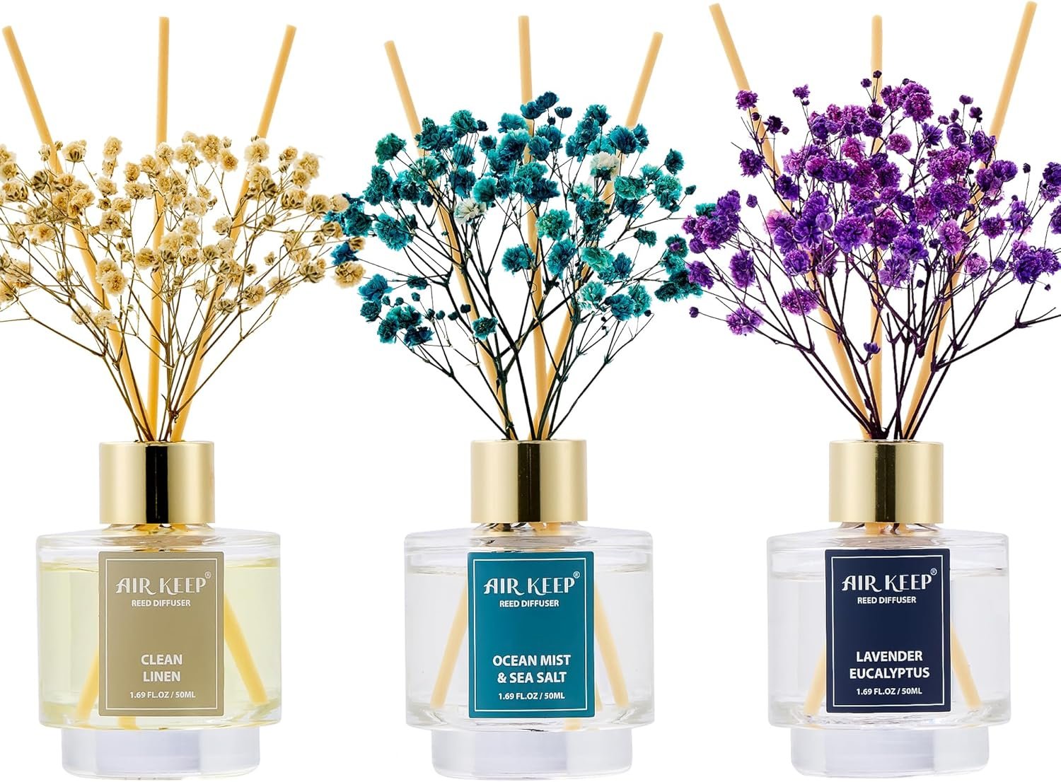 Reed Diffuser Set of 3,Clean Linen Ocean Mist&Sea Salt Lavender Eucalyptus Oil Reed Diffusers for Bedroom Living Room Office Aromatherapy Oil Reed Diffuser for Gift 50ml x 3