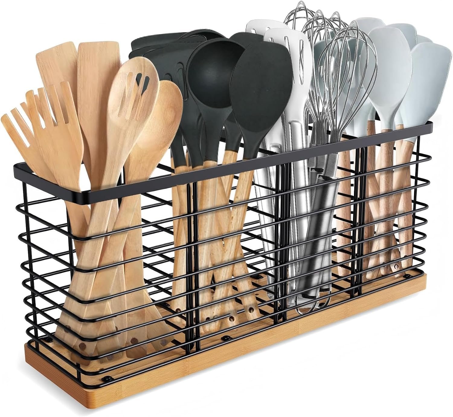 Suli Extra Large Kitchen Utensil Holder Countertop with Removable Divider | Counter&Wall Mounted,Hold 40 Utensils,Cooking Counter Organizer Caddy for Spatula,Spoon,Wooden Base,Farmhouse,Metal,Black