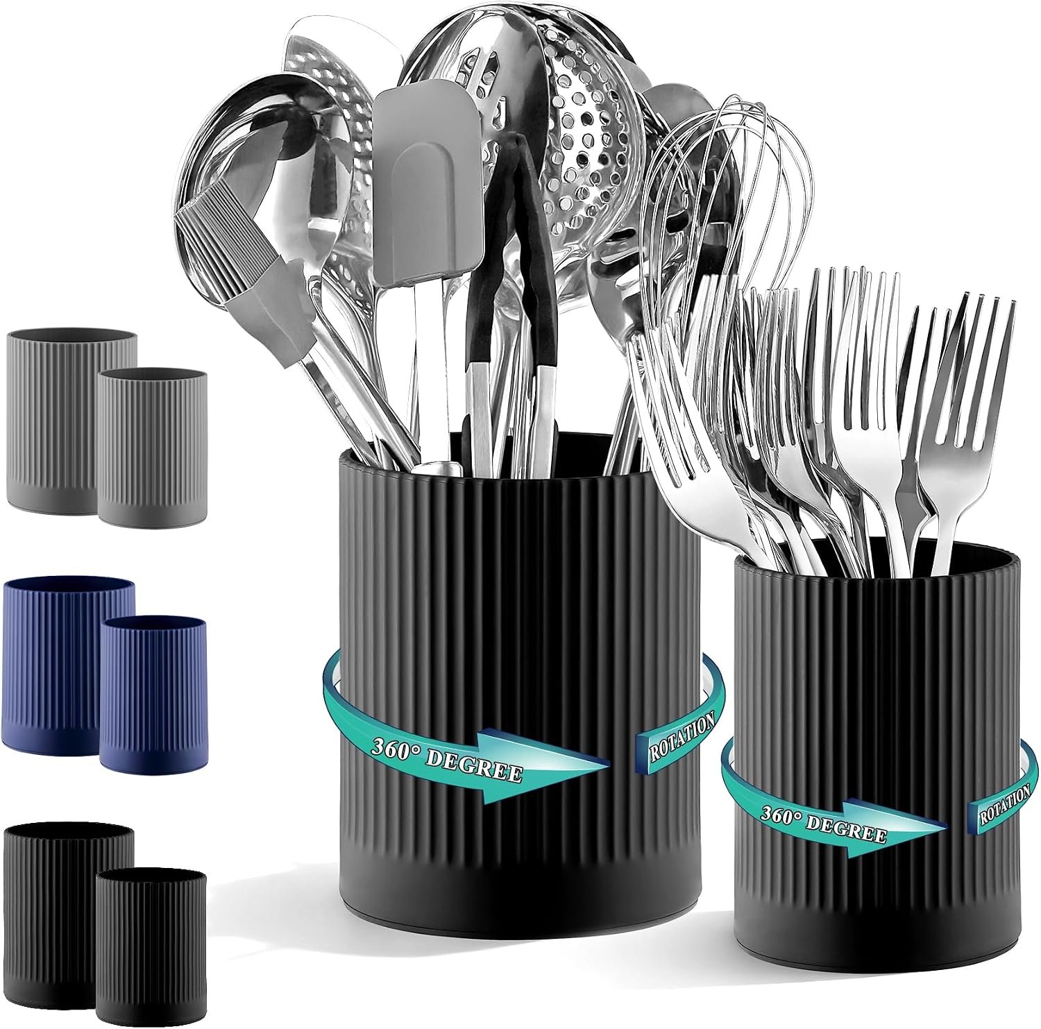 Kyraton Cooking Utensils Holder 2pcs, 360° Rotating Heavy Duty Plastic Kitchen Utensil Holder for Countertop, The Small Utensil Crock for Cutlery Silverware, Tooth Brush, Desk Pencil Pen