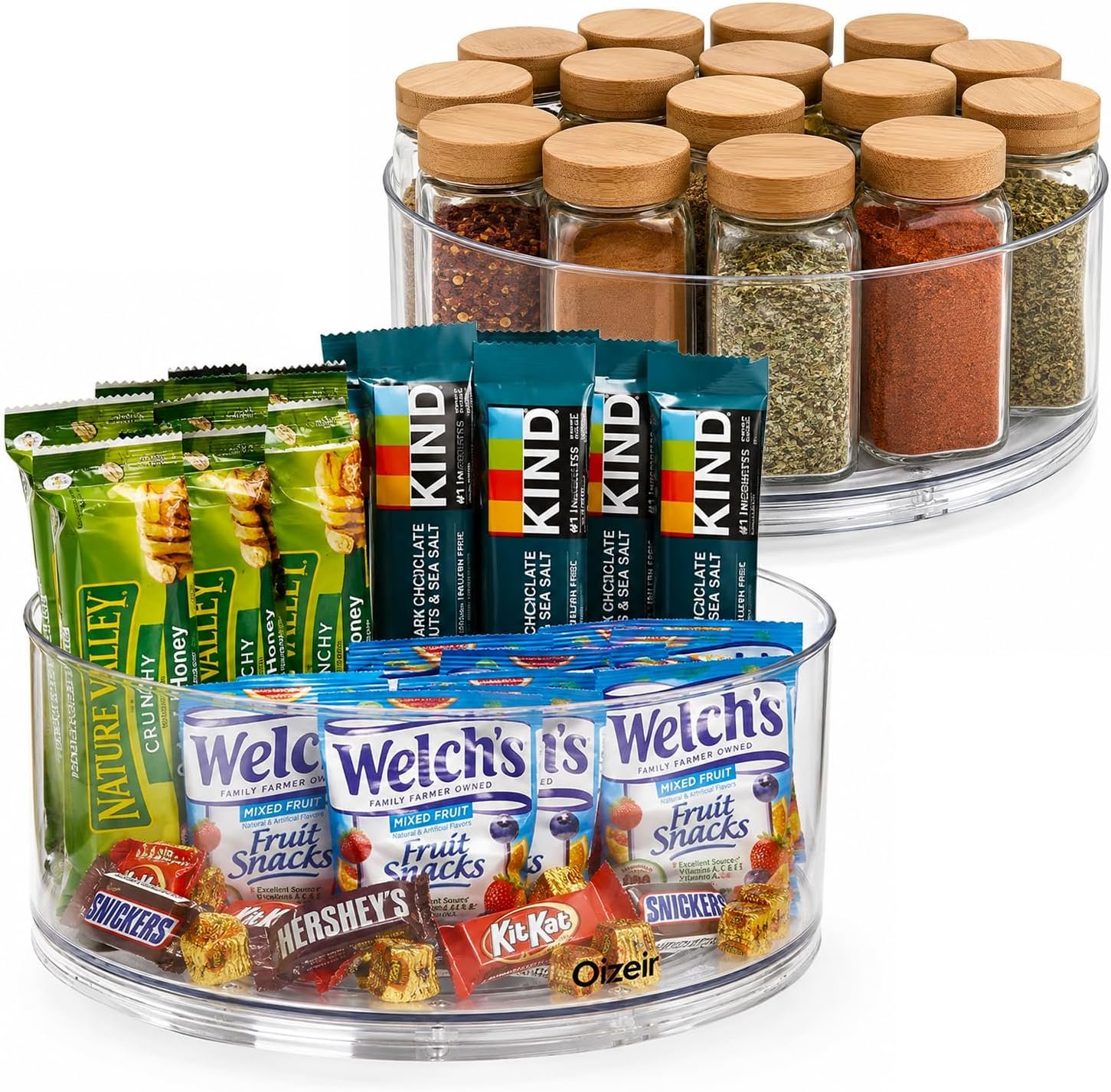 Oizeir Lazy Susan Turntable (2-Pack) – Clear Acrylic, Rotates 360 Degrees, Easily Organize Your Fridge, Cabinet or Counter – Carousel Storage for Food, Spices, Cosmetics | Clear Acrylic, Non-Skid, Raised Edge; Rotating Spice Rack for Kitchen, Pantry, Fridge, Countertop, Bathroom Organizer
