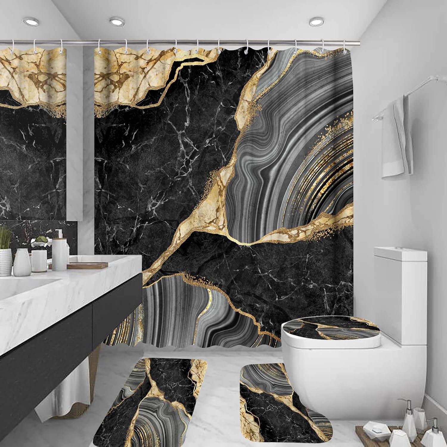 4Pcs Black Marble Shower Curtain Sets with Rugs, Bathroom Decor Sets | Luxury with 12 Hooks, Bath Mat, Toilet Lid Rug and Non-Slip U Shape Mat, Shower Curtain, 72 x 72 Inch