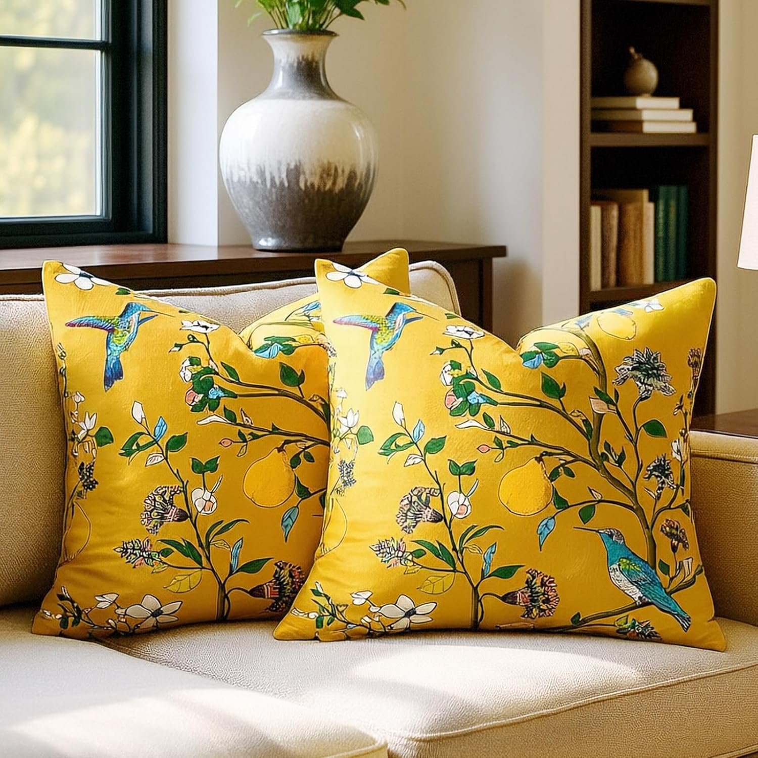 MUSSEL Mustard Yellow Floral Decorative Pillow Covers 18×18 Set of 2 | Soft Velvet,Wild Flower Plant,Throw Pillows Case,Square,Colorful Farmhouse Cushion Covers,Home Sofa Bed Couch Decor