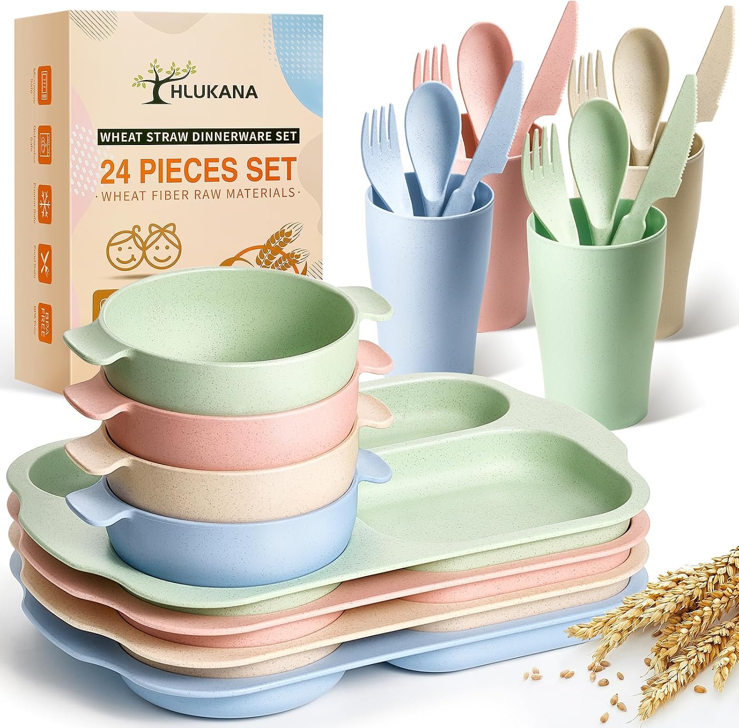 Hlukana 24 Pcs Wheat Straw Dinnerware Cutlery Set, Unbreakable Tableware Set, Including Kids Toddlers Divided Plates, Bowls, Cup, Cutlery Spoons Knifes Forks, BPA Free, Microwave Dishwasher Safe