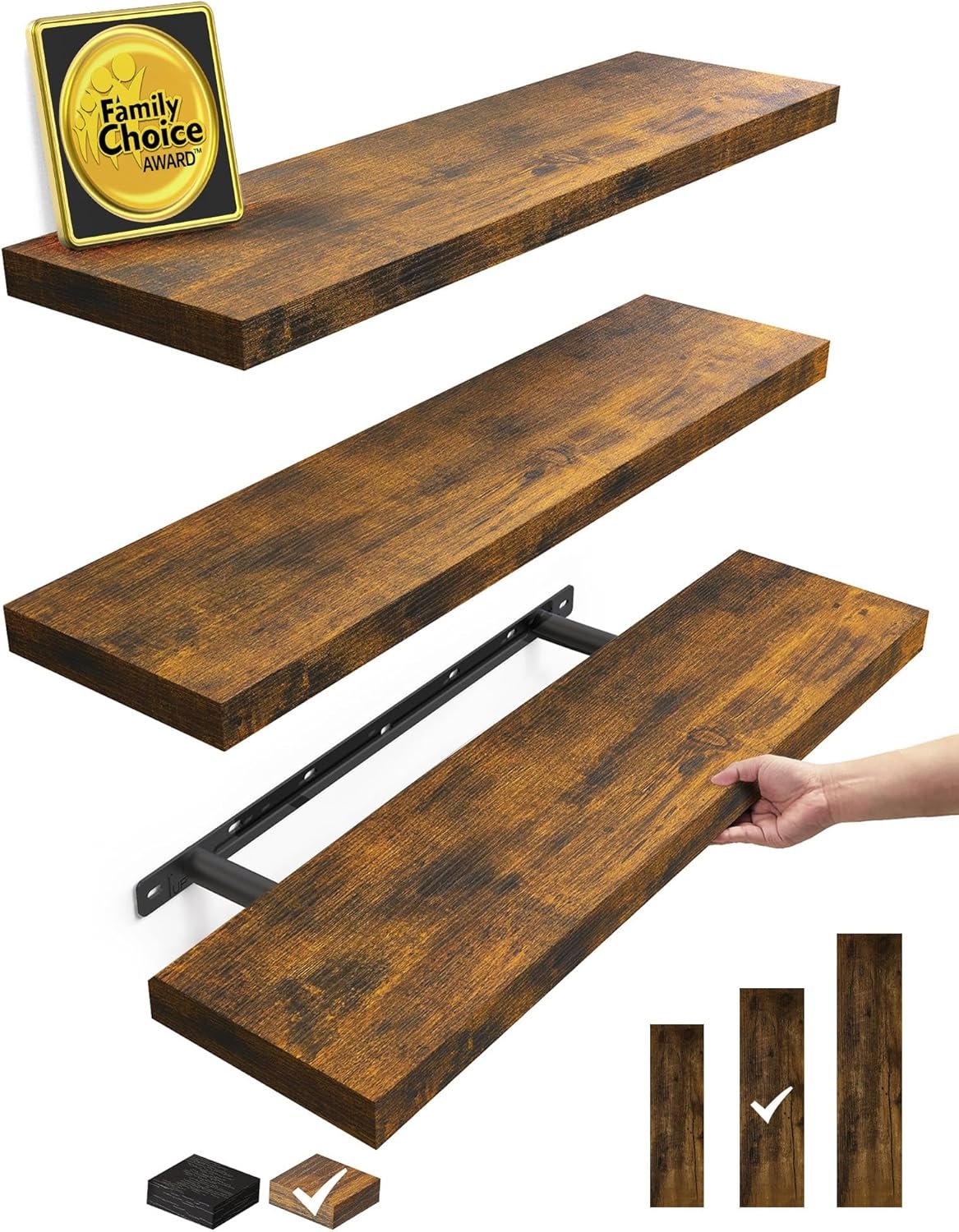 BAYKA Rustic Brown Floating Shelves 22.5in, 3 Pack, Wall Mount Wood Shelf | Easy Install, 22lbs Max Load, Hidden Bracket, for Bathroom Bedroom Kitchen Display Storage Decor, Multi-Wall Compatible