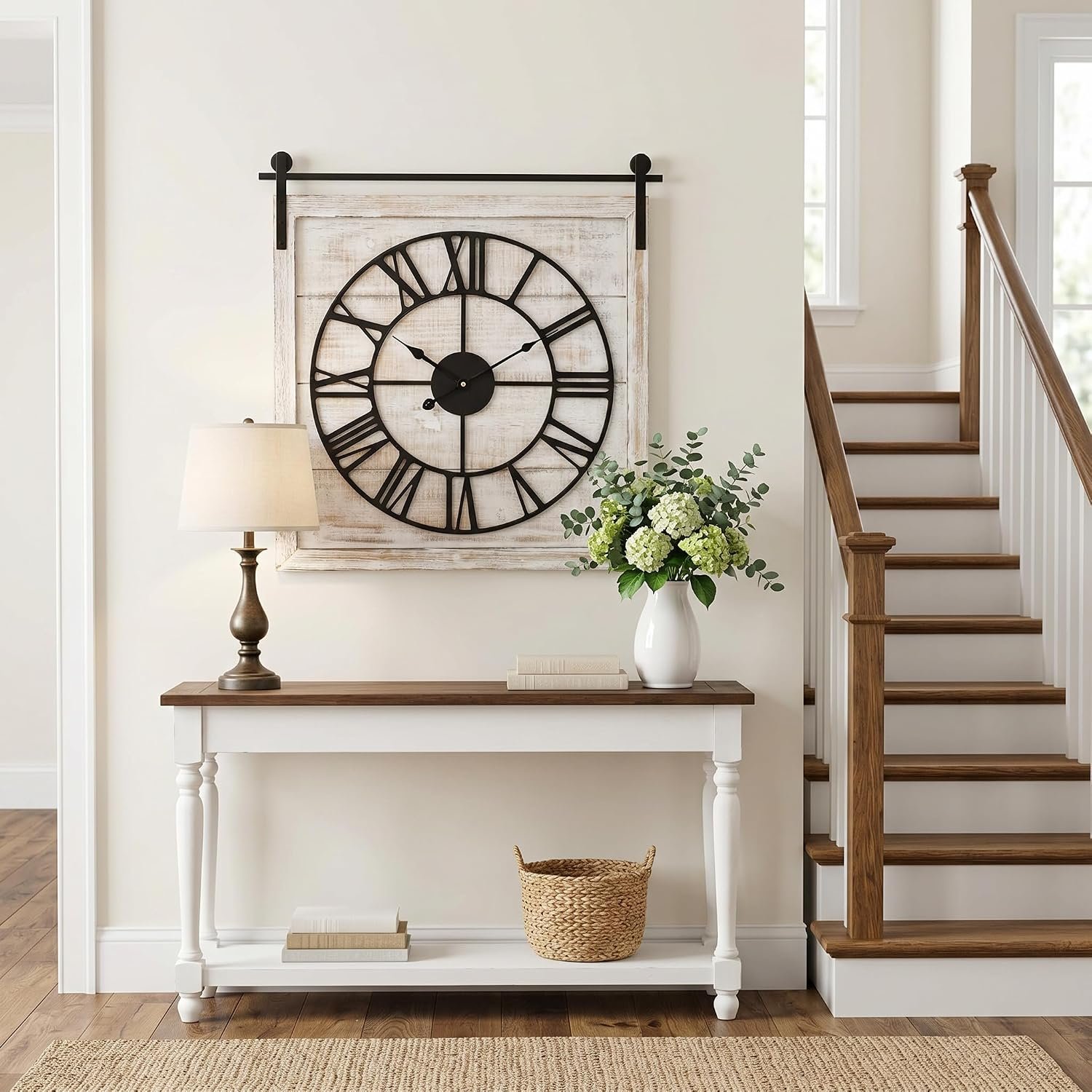 Vintage Barn Door Wall Clock – Distressed White Wash Finish, Large Rustic Farmhouse Wood Clock for Home, Wall and Farmhouse Décor, 24×23.6 Inches
