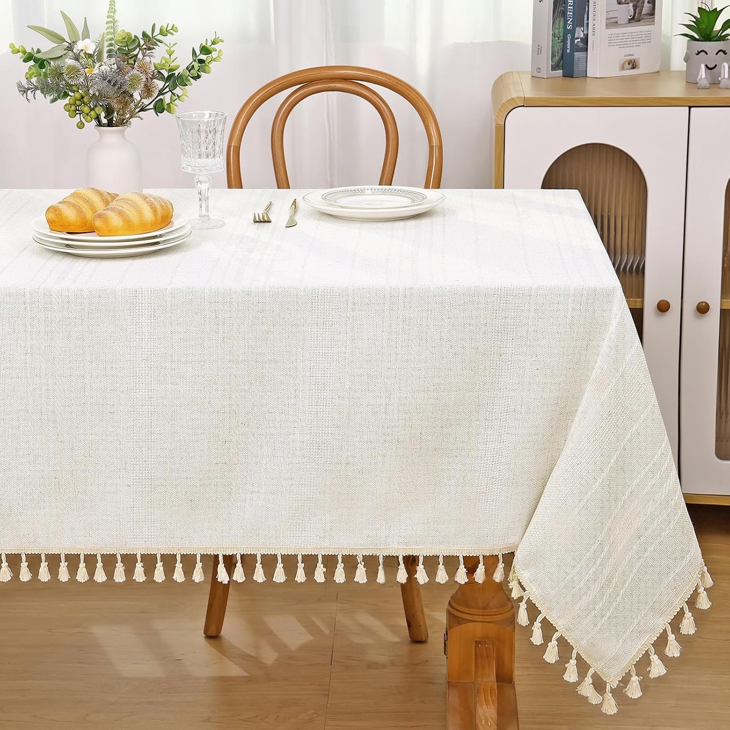 Weldomcor Linen Rectangle Tablecloth Outdoor Boho Beige Table Cloth with Tassels, Waterproof Cotton Fabric Tablecloths Dining Table Cover Rectangular 55x70in for Kitchen Picnic Camping Party