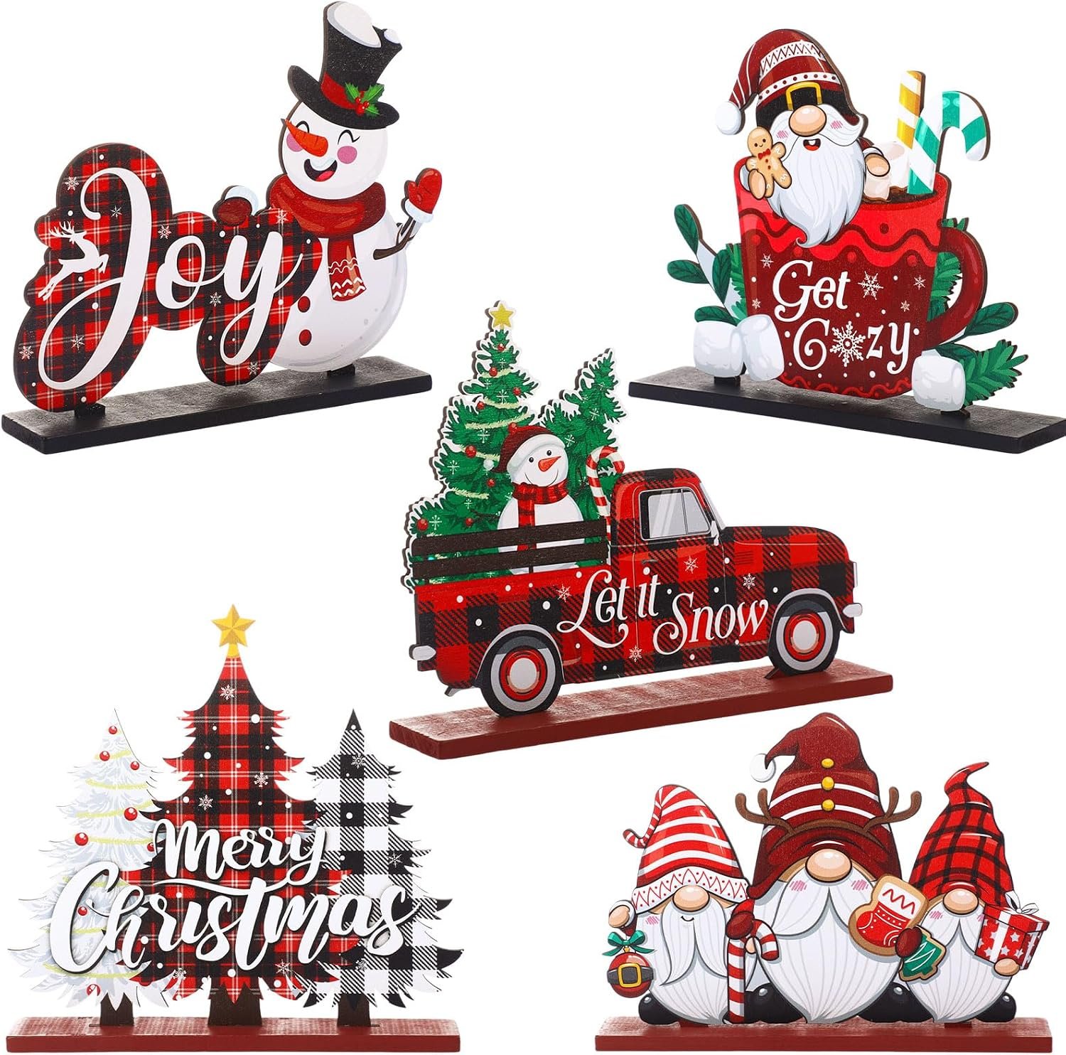 Huwena 5 Pcs Christmas Table Decorations Wooden Xmas Table Centerpiece Signs Joy Snowman Gnomes Table Signs Buffalo Plaid Christmas Decors for Winter Holiday Tiered Tray Table Top Decor(Red)