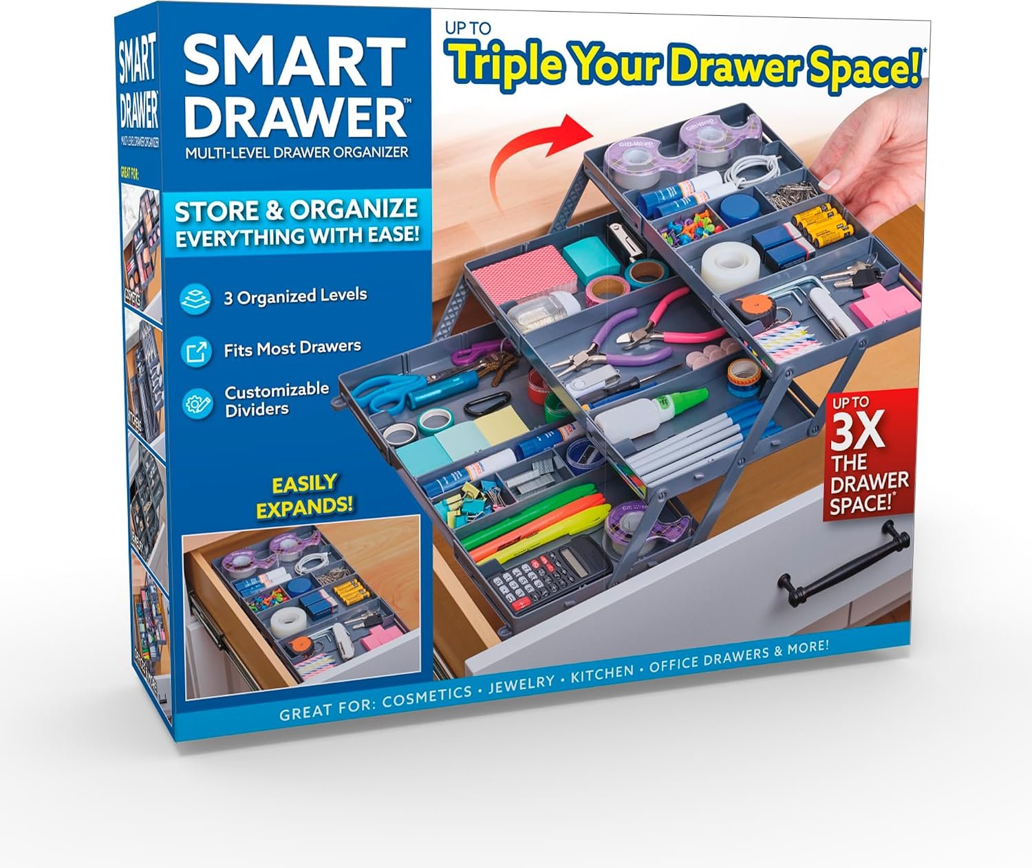 Ontel Smart Drawer Organizer – Multi-level Jewelry Holder, Cosmetics Organizer, or Office Drawer Organizer with Adjustable Dividers for Organization and Storage, Fits Drawers 9.5″W x 7.5″L x 2.75″D