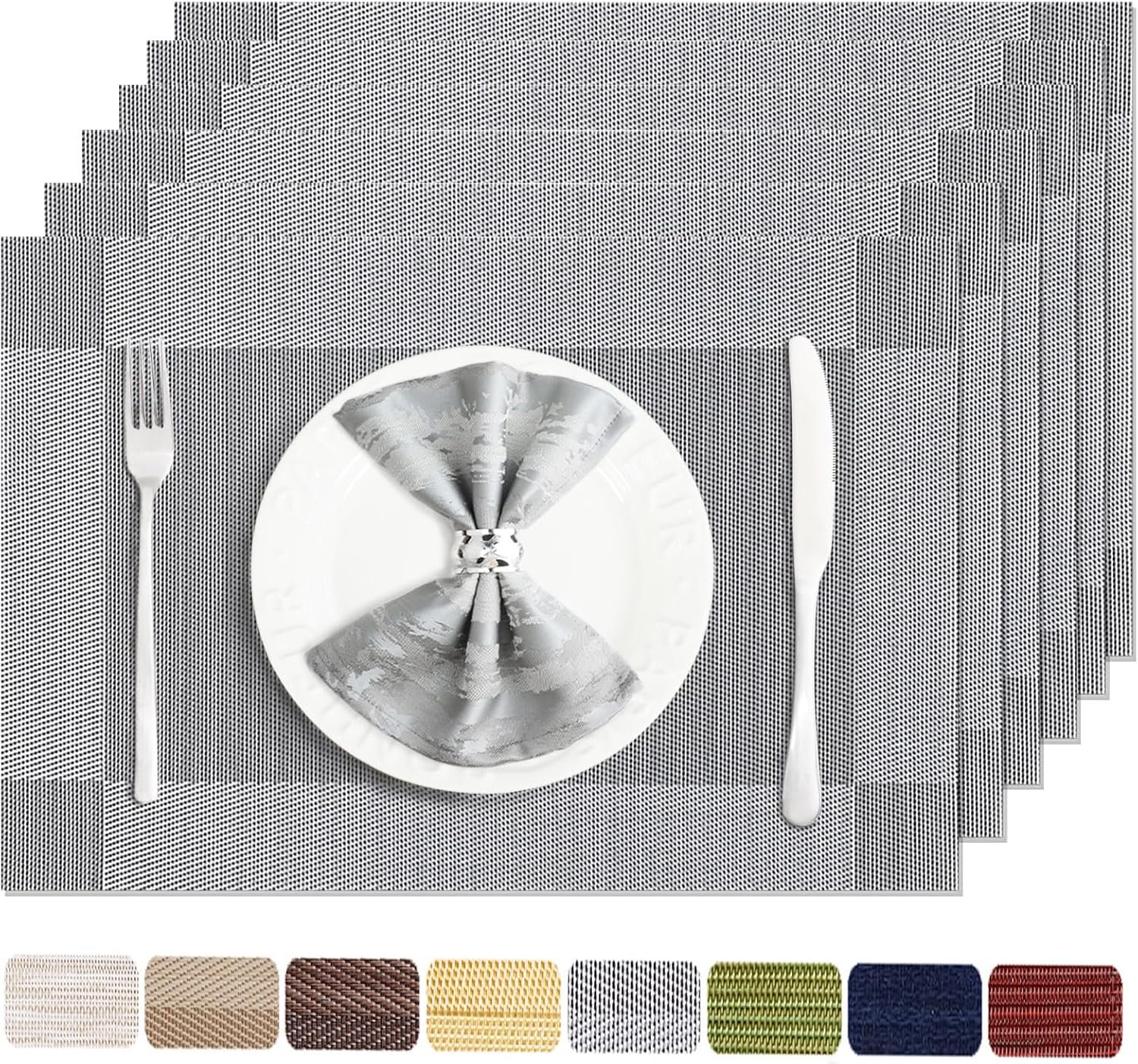 Silver Grey Vinyl Placemats Set of 6, Heat Resistant Table Placemats | 18×12 inch place mats set of 6,vinyl silver grey table mats, non slip heat resistant washable wipeable dining table placemats
