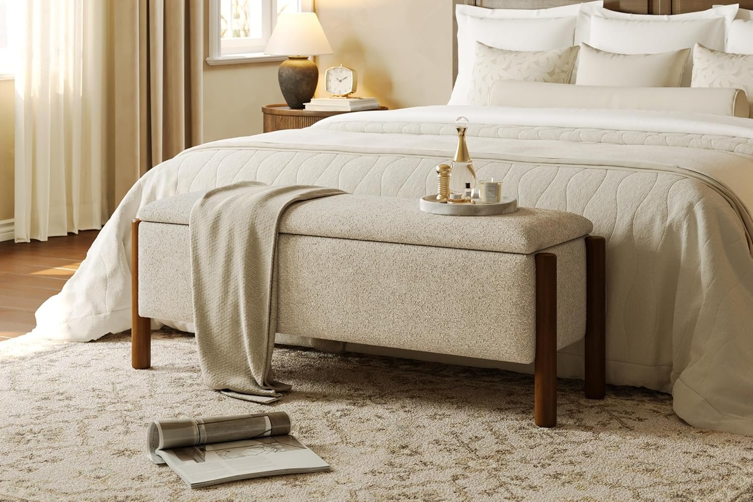Modern Storage Benches with Walnut Wood Legs, 47” Ottoman Bench with 20 Gallons Storage Space for Bedroom End of Bed, Fabric Upholstered Entryway Bench with Seating for Livingroom, Beige