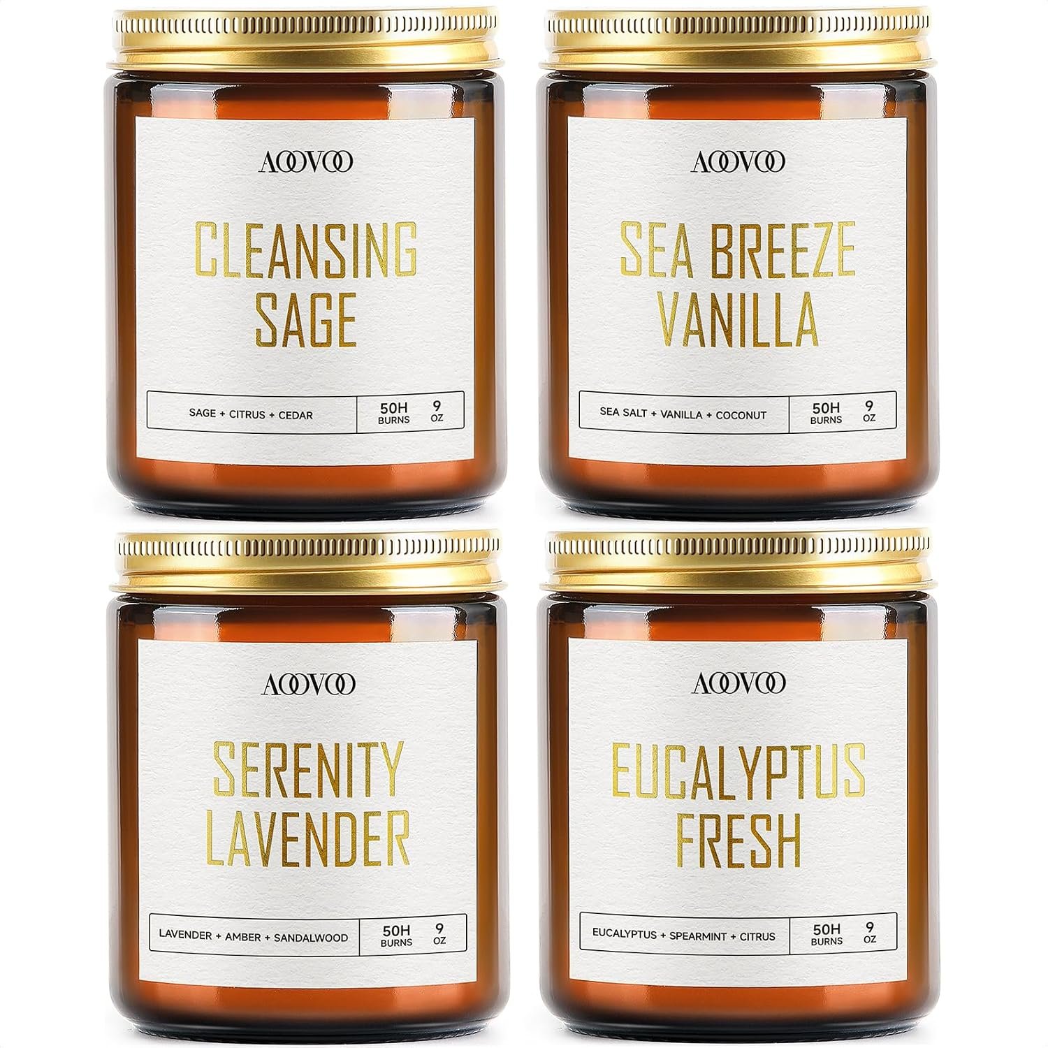 AOOVOO Scented Candles – 4PC Candle Set, 36 oz Soy Candles | Soy Candle for Home Scented, Lavender/Vanilla/Eucalyptus/Sage