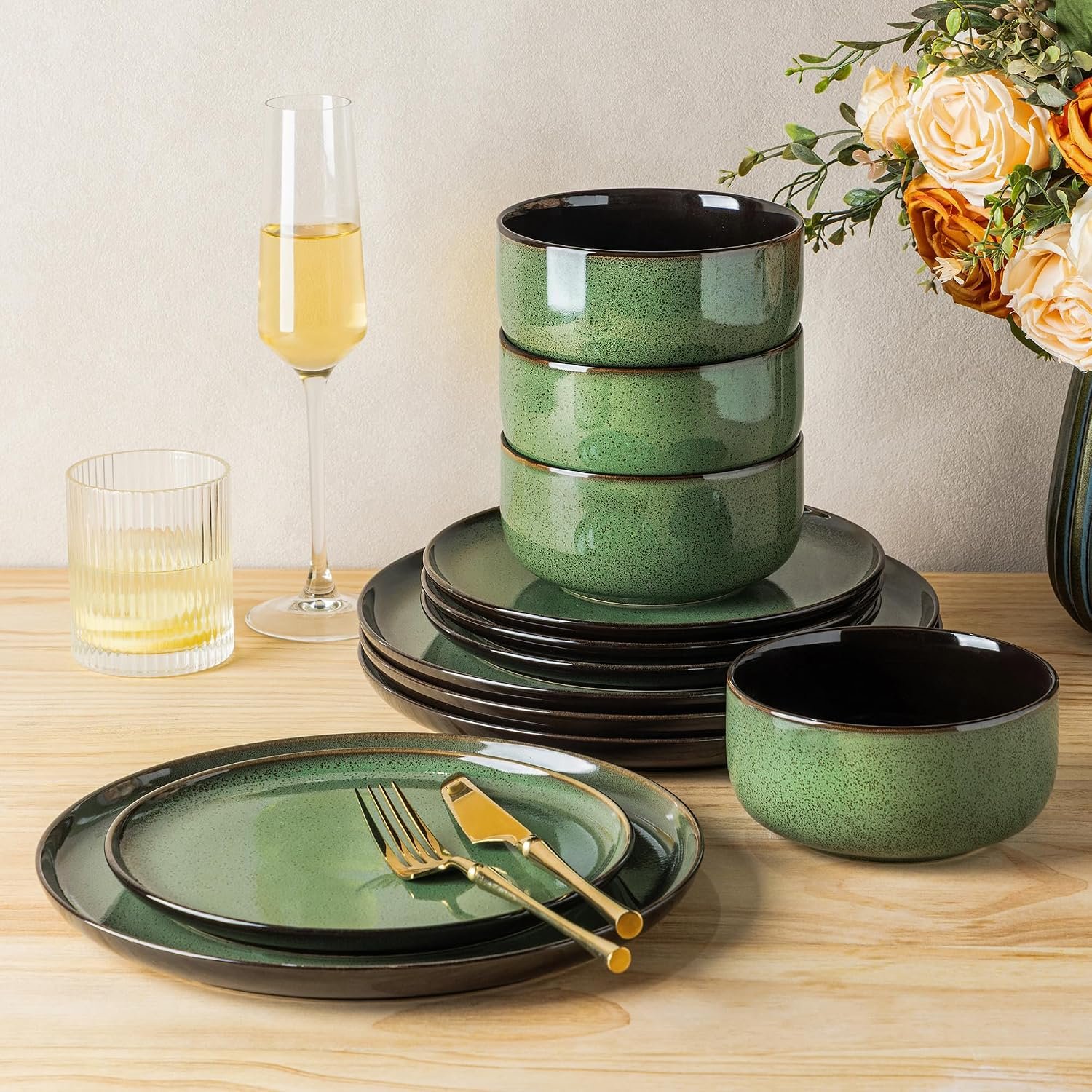 LERATIO Ceramic Dinnerware Sets for 4,12-Piece Plates and Bowls Set | Handmade Reactive Glaze Ceramic Dish Set,Oven & Microwave,Dishwasher Safe,Scratch Resistant-Green