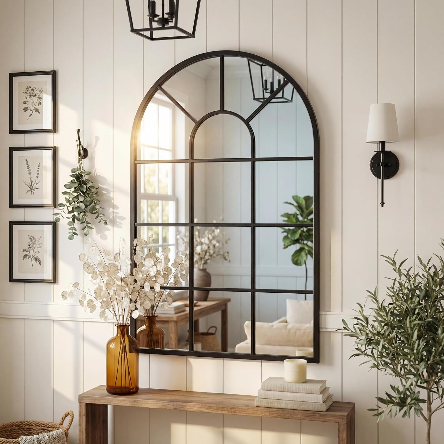 Black Arched Window Mirror | Farmhouse Decorative Wall Mirrors for Living Room, Bedroom, Entryway, Bathroom Vanity, Fireplace Mantel | Window Pane Mirror Wall Decor | Arch Mirror Modern Accent Décor