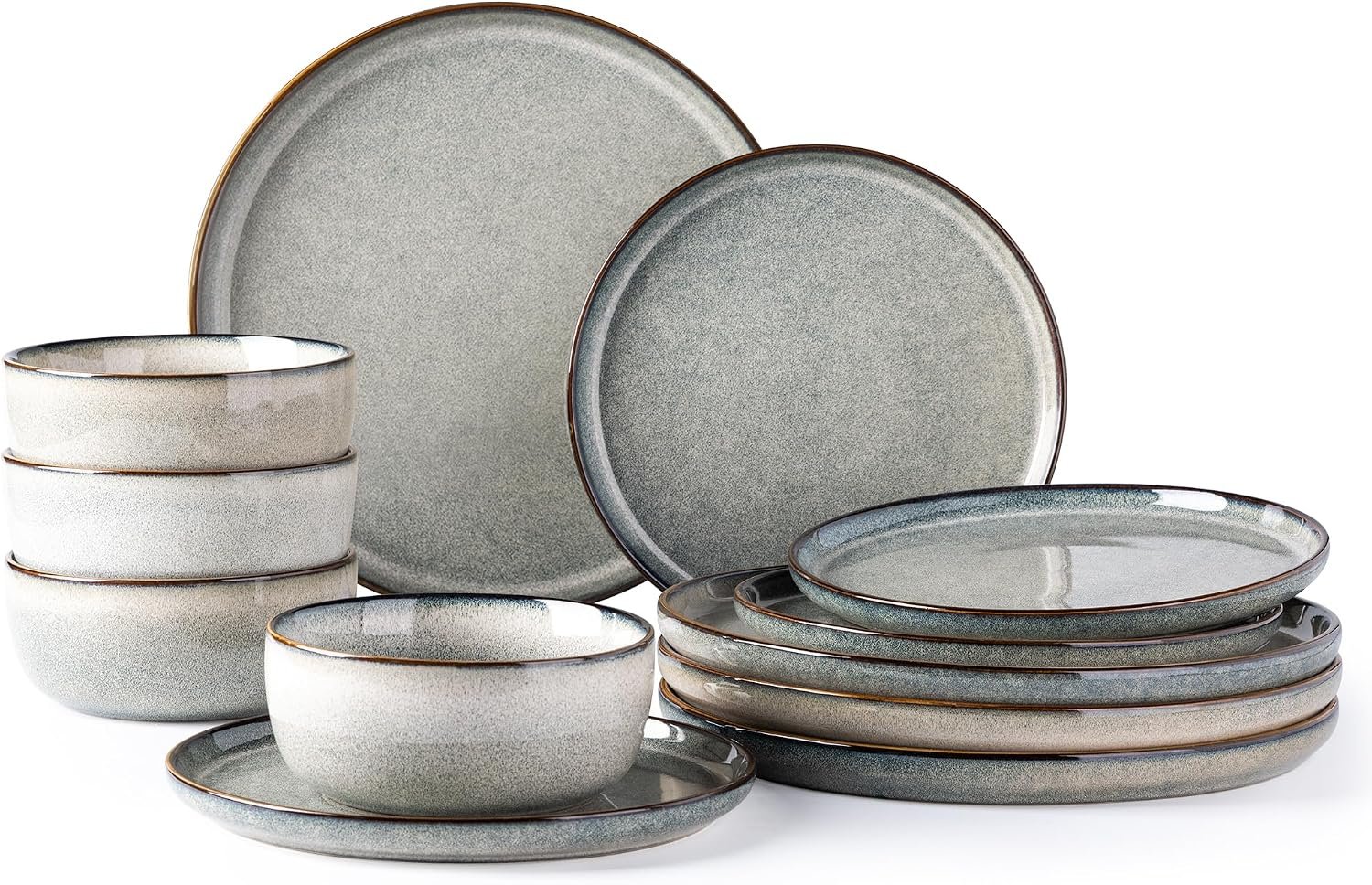 GBHOME Dinnerware Sets for 4, 12 Pieces Ceramic Plates and Bowls Set | Scratch Resistant Stoneware Dishes Set, Dishwasher & Microwave Safe, Reactive Glaze-Green Wheat
