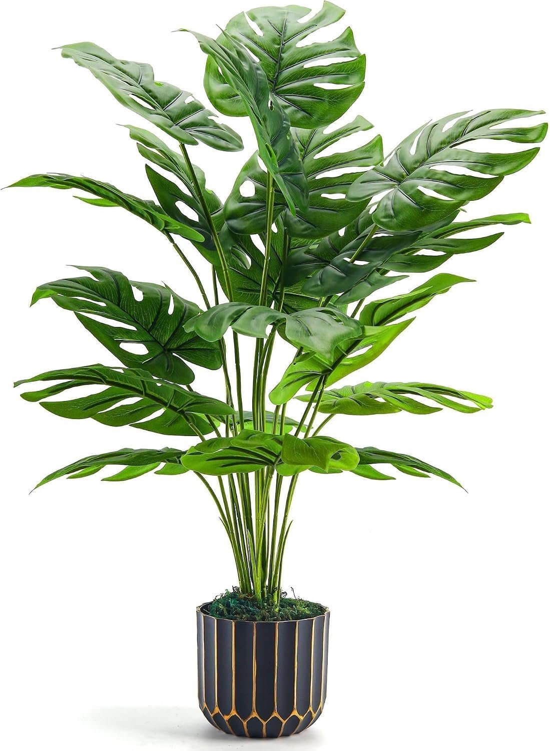Der Rose 28″ Fake Plants, Monstera Plant in Black Gold Pot for Home Decor | Artificial plants indoor add refined tropical greenery to modern offices, elegant entryways, reception areas and house decor