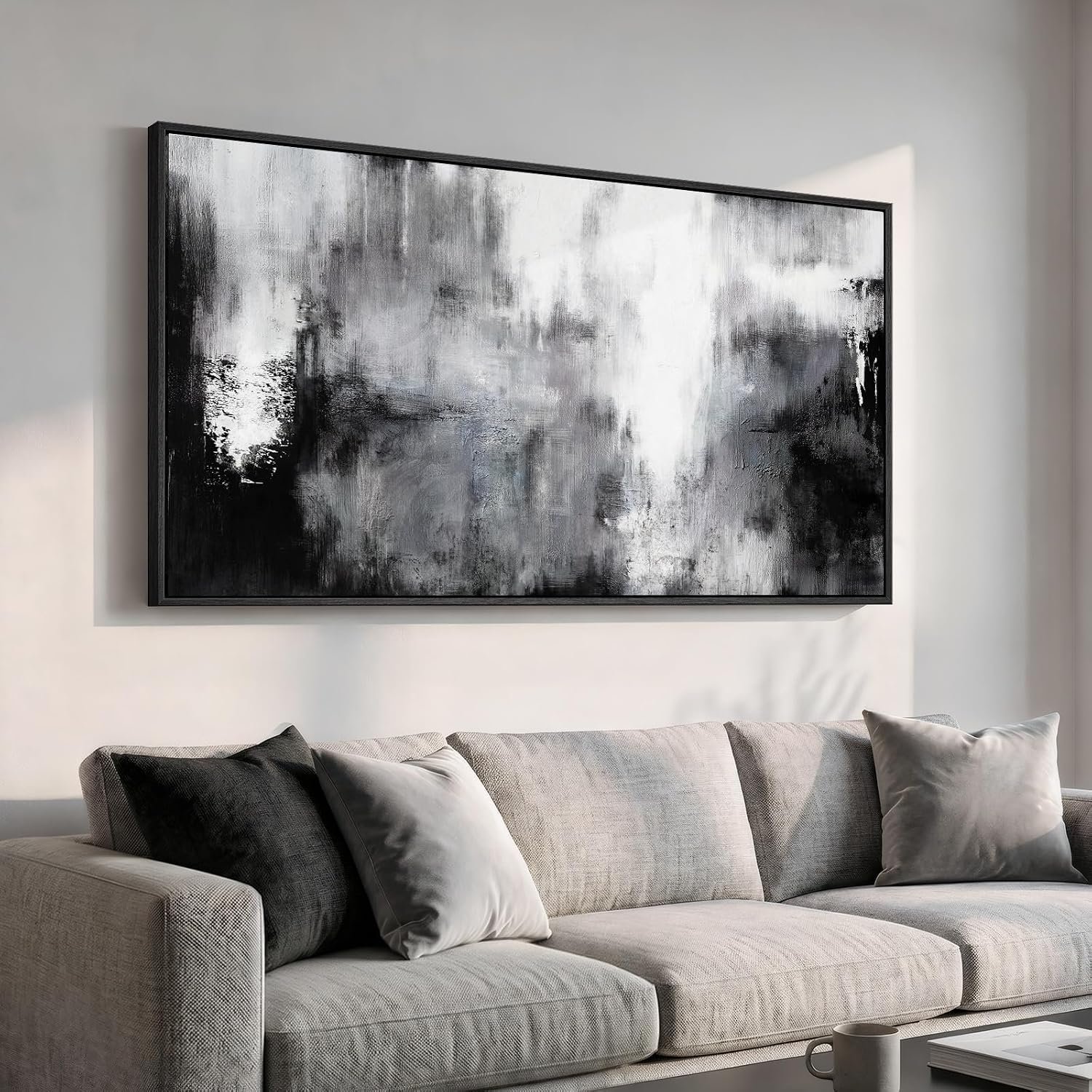 Large Framed Black and White Abstract Wall Art for Living Room, 30×60 In | Grey horizontal canvas prints, Neutral modern pictures, Minimalist artwork, Modern wall decor for bedroom dining room office