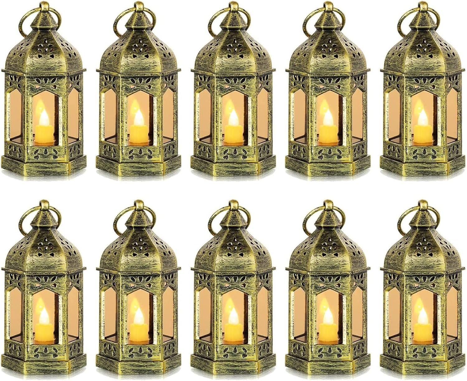 Hewory 10PCS Gold Mini Lanterns for Party Decoration, Flickering LED Candle | Hanging Diwali Lanterns for Centerpieces, Ramadan,Christmas, Halloween, Eid, Table Decor for Shrek, Fairy, Harry Potter Party