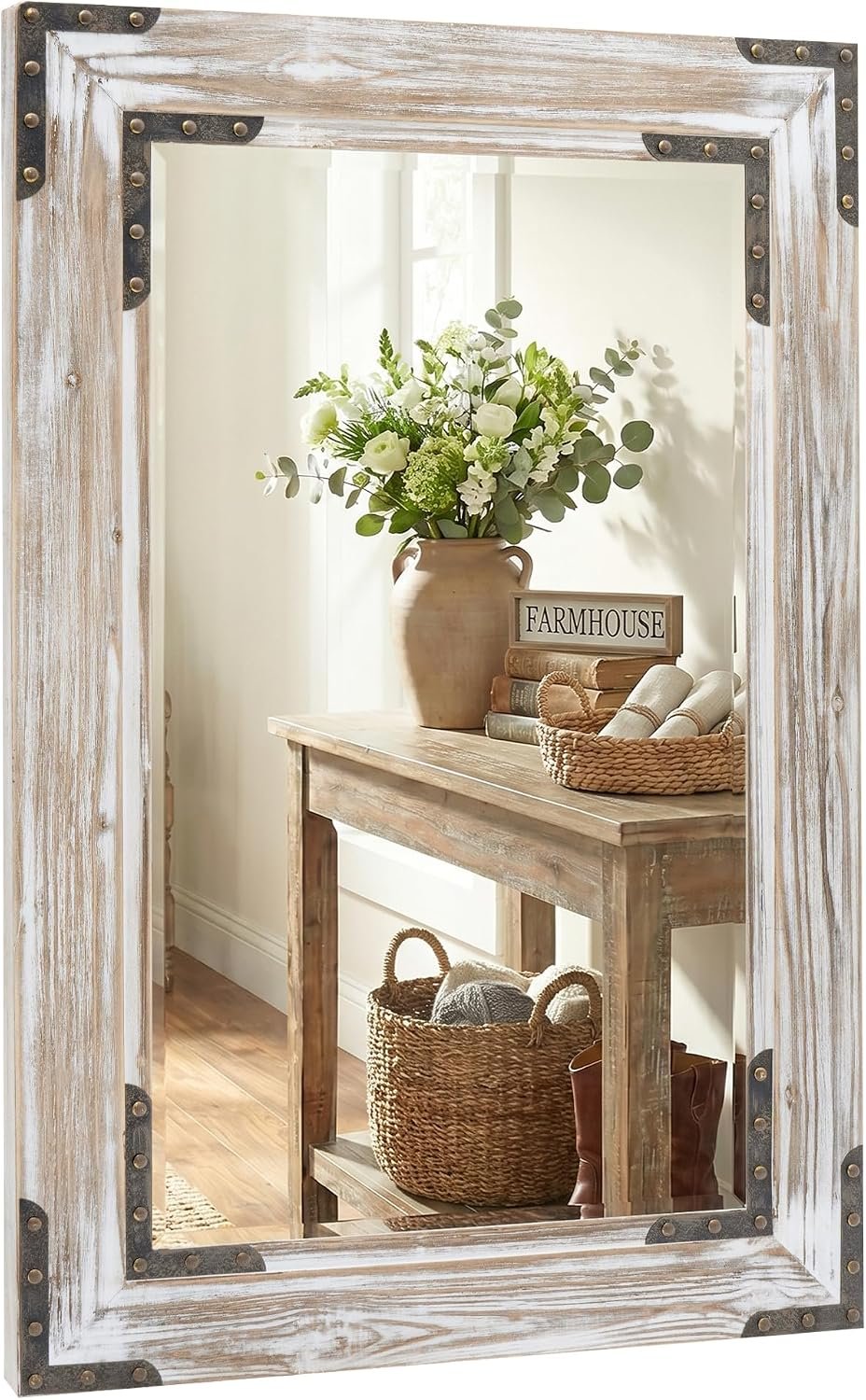 Distressed White 24×36 Inch Wood Bathroom Vanity Mirror, Rivets | Farmhouse style, beveled glass edge, layered whitewashed grain, single-sink bathrooms, dressers and entry consoles
