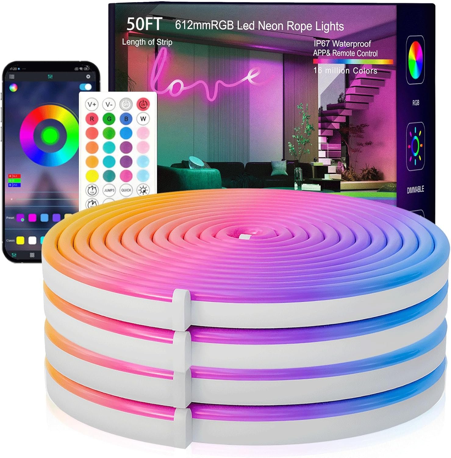 SILFU Neon Rope Lights, 50FT RGB LED Strip Lights | Waterproof IP67 LED Lights for Bedroom, DIY Design, Music Sync, 44Key Remote Control, Multiple Modes for Bedroom,Decoration