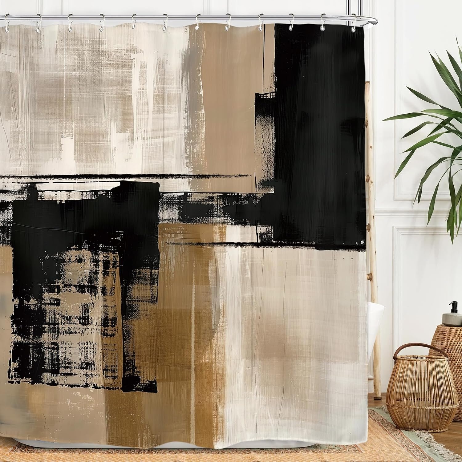 Miyotaa Abstract Minimalist Modern Shower Curtain Set 60Wx71H Inches Black Tan Neutral Contemporary Brushstroke Art Waterproof Bathroom Curtain with 12 Hooks