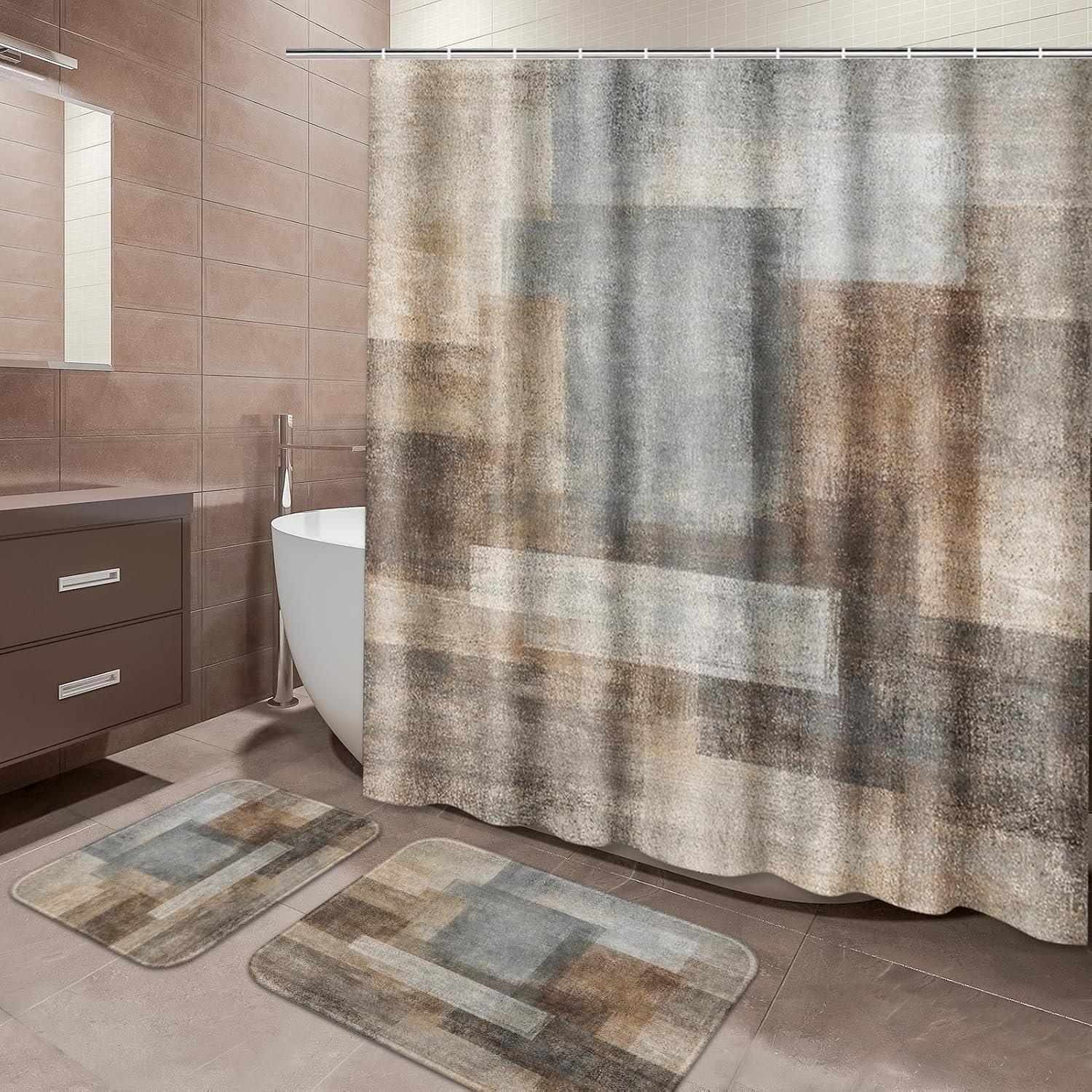 Bathroom Set, Shower Curtain and Bath Rugs Brown Beige Grey | Abstract Modern Bathroom Accessories Shower Curtain Non-Slip Bath Rug Set, Bathroom Decor 3 Pcs