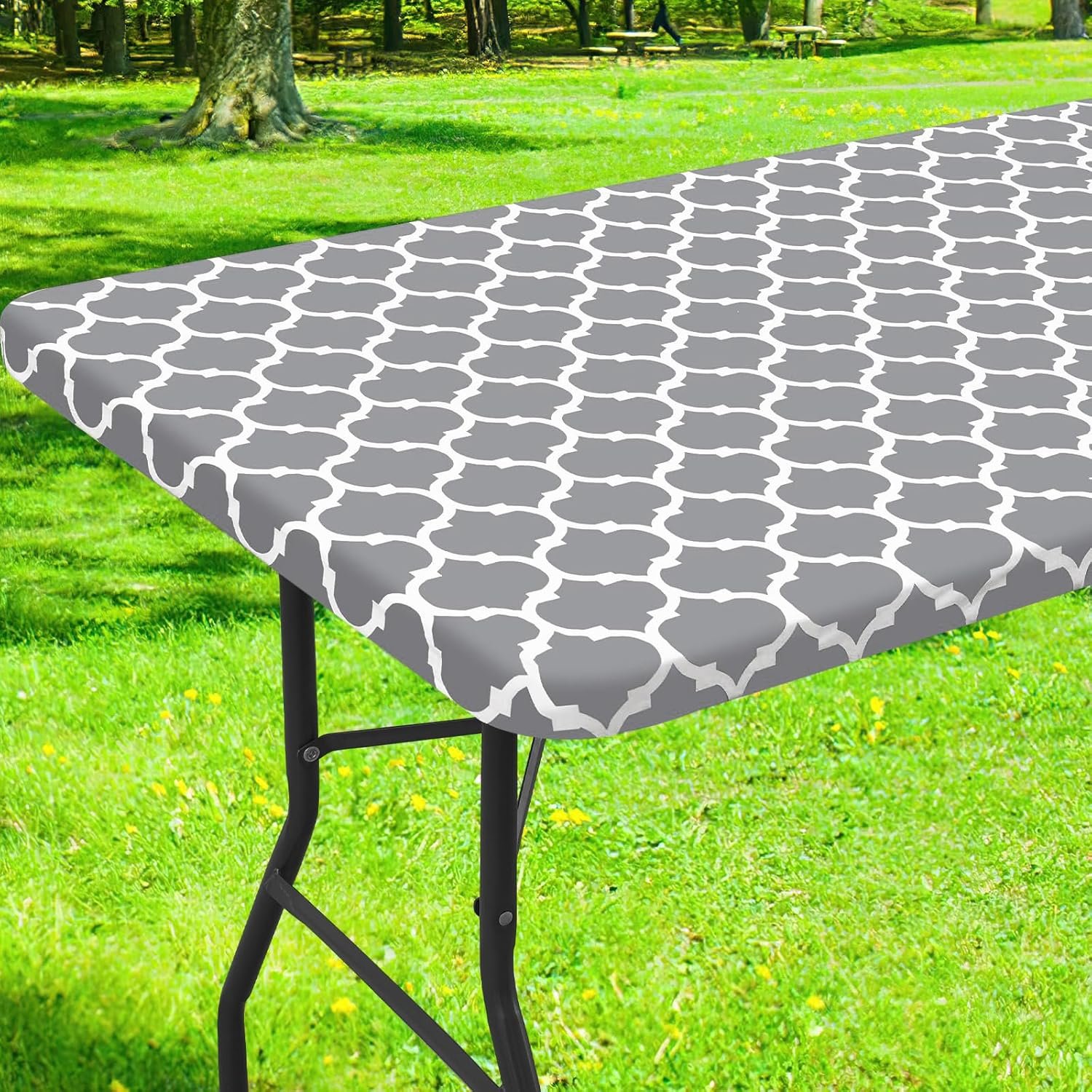 Smiry Picnic Fitted Table Cover, 6 Foot Flannel Backed Vinyl Tablecloth | Waterproof Elastic Stretch Table Cloth, Wipeable Plastic Tablecloth for Camping, Indoor & Outdoor (Grey, 30″ x 72″)