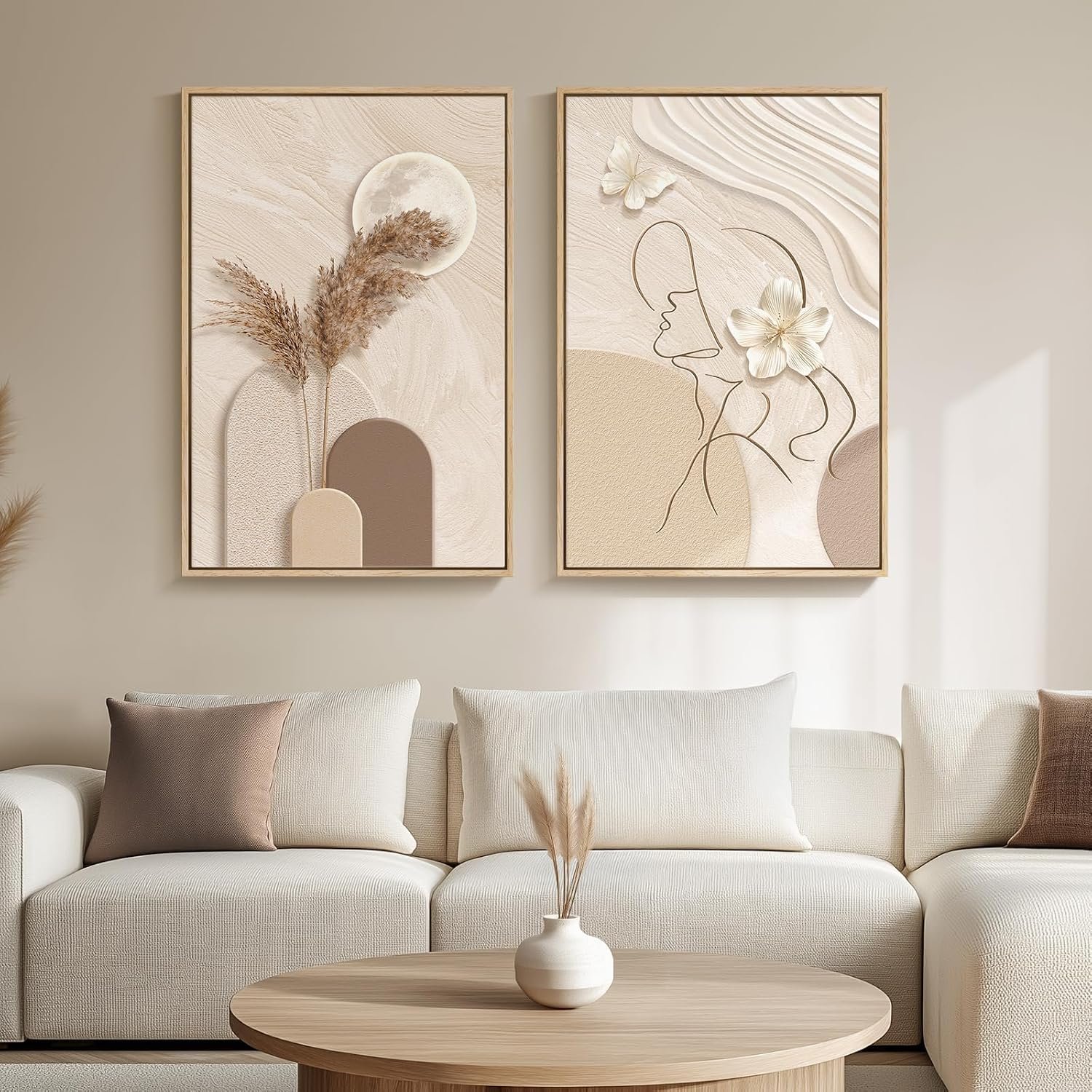 Large Framed Neutral Abstract Wall Art for Living Room, Set of 2 Modern Warm Beige and Taupe Canvas Artwork for Walls, Woman Silhouette Paintings Prints Wall Decor for Bedroom Home Office, 20×30 Inch