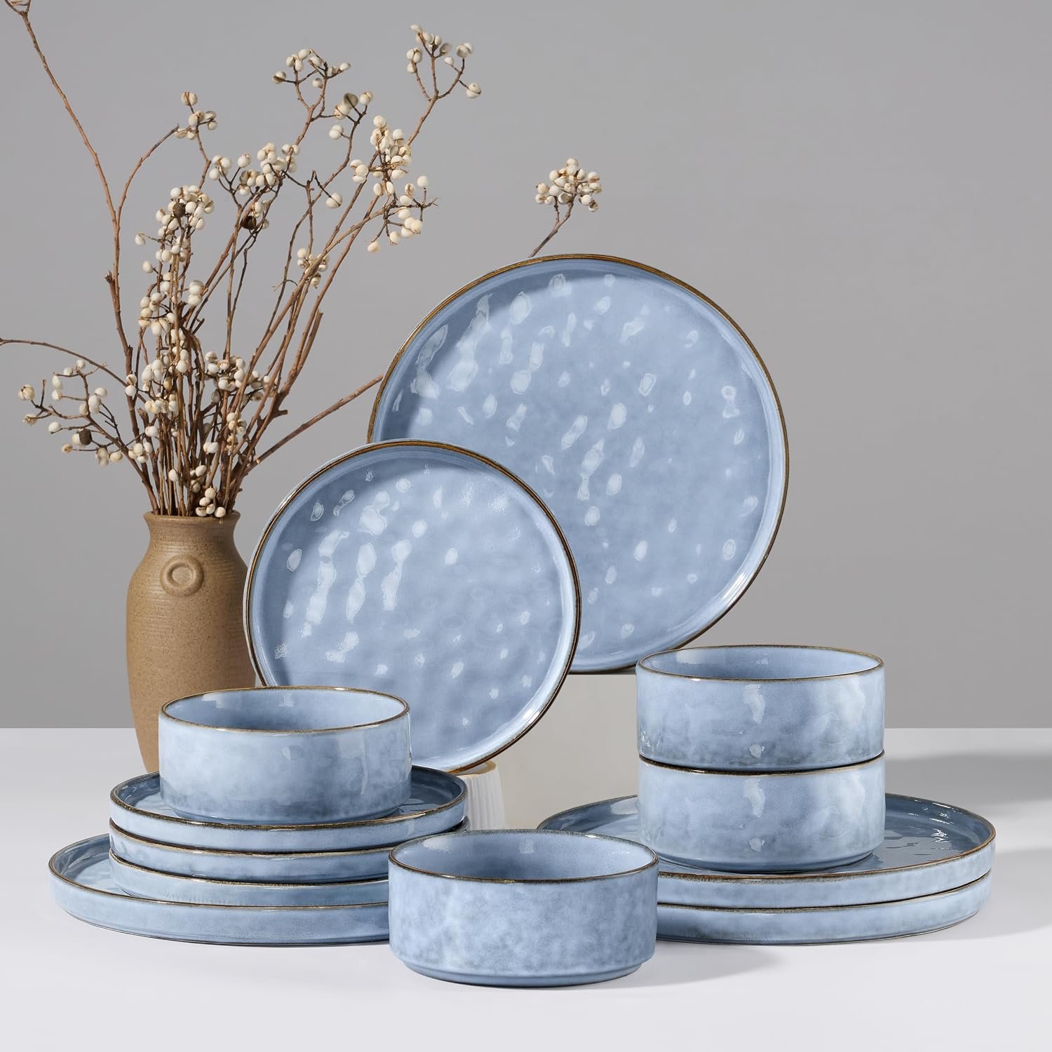 HaWare Dinnerware Sets, 12-Piece Plates and Bowls Set, Reactive Blue | Stoneware Dish Set for 4, Ceramic Dinnerware for Home Restaurant, Chip and Scratch Resistant, Microwave and Dishwasher Safe