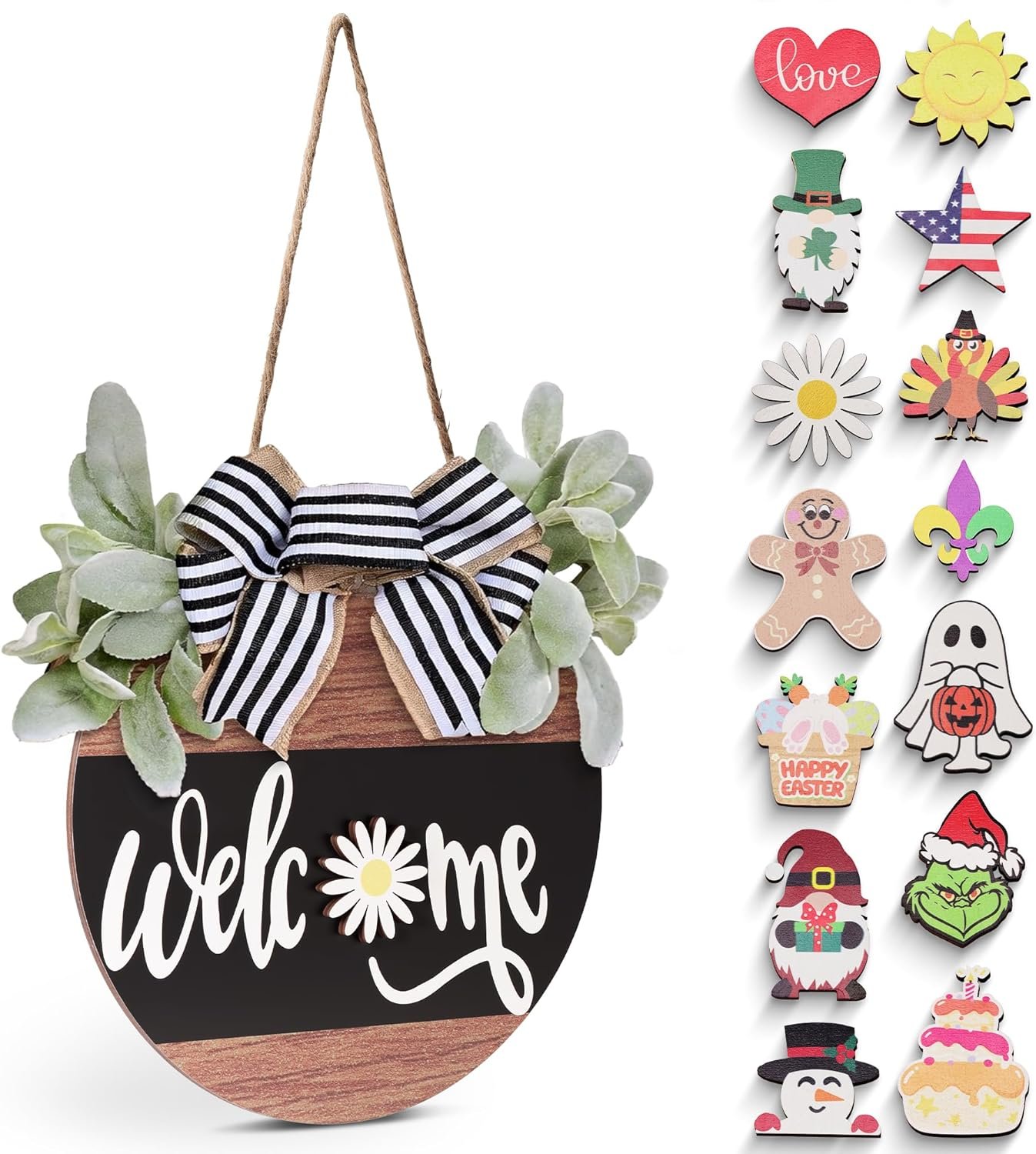 Interchangeable Welcome Sign for Front Door, 12″ Rustic Wood Wreath with 14 Seasonal Icons, Year-Round Porch Decor & Housewarming Gift