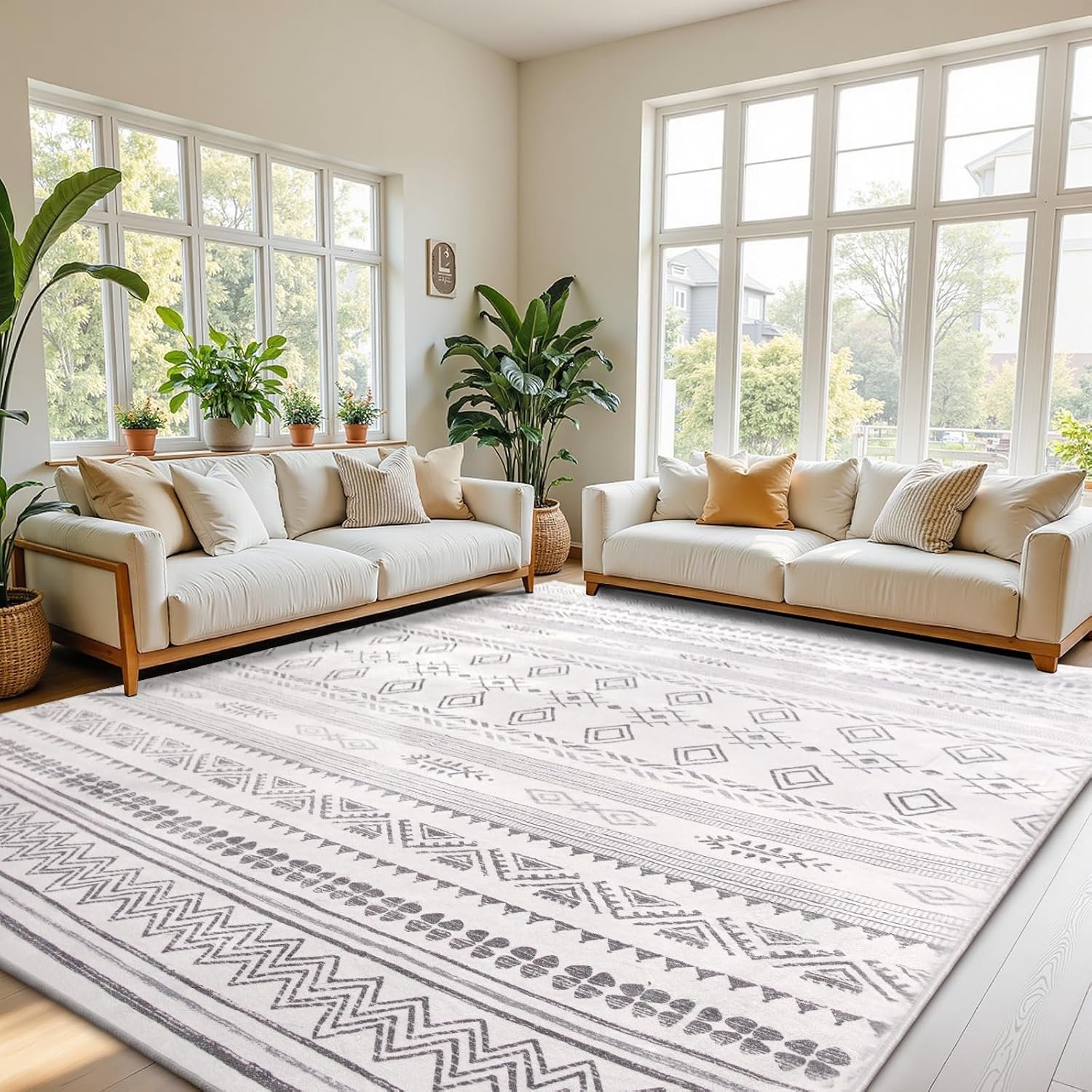 Terrug Boho Area Rug for Living Room, Grey 5×7 Washable Rugs with Non Slip Backing for Bedroom, Soft Geomtric Stain Resistant Moroccan Carpet for Dining Room Floor Decor