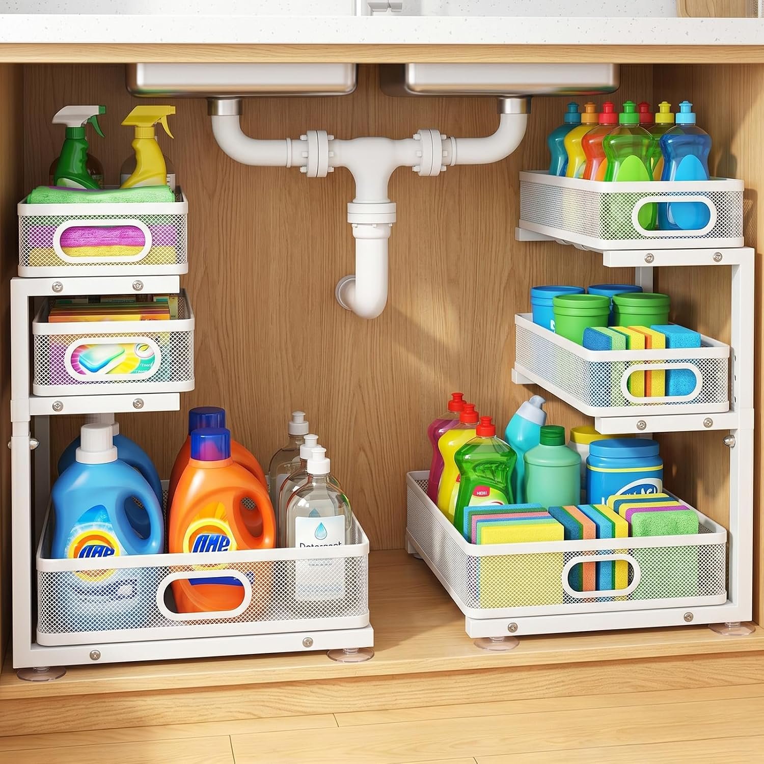 Under Sink Organizer, 3 Tier Pull Out Cabinet Organizer with 5 Adjustable Heights, Metal Under Sink Storage with Sliding Drawers for Kitchen, Bathroom, Pantry and Laundry Room, 2-Pack White
