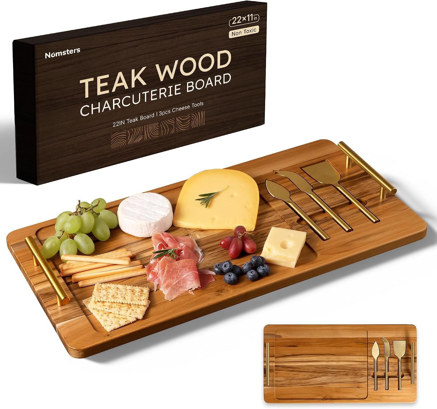 22″ Teak Wood Large Charcuterie Tray with Handles Extra Long Wooden Serving Cheese Boards Charcuterie Boards Set