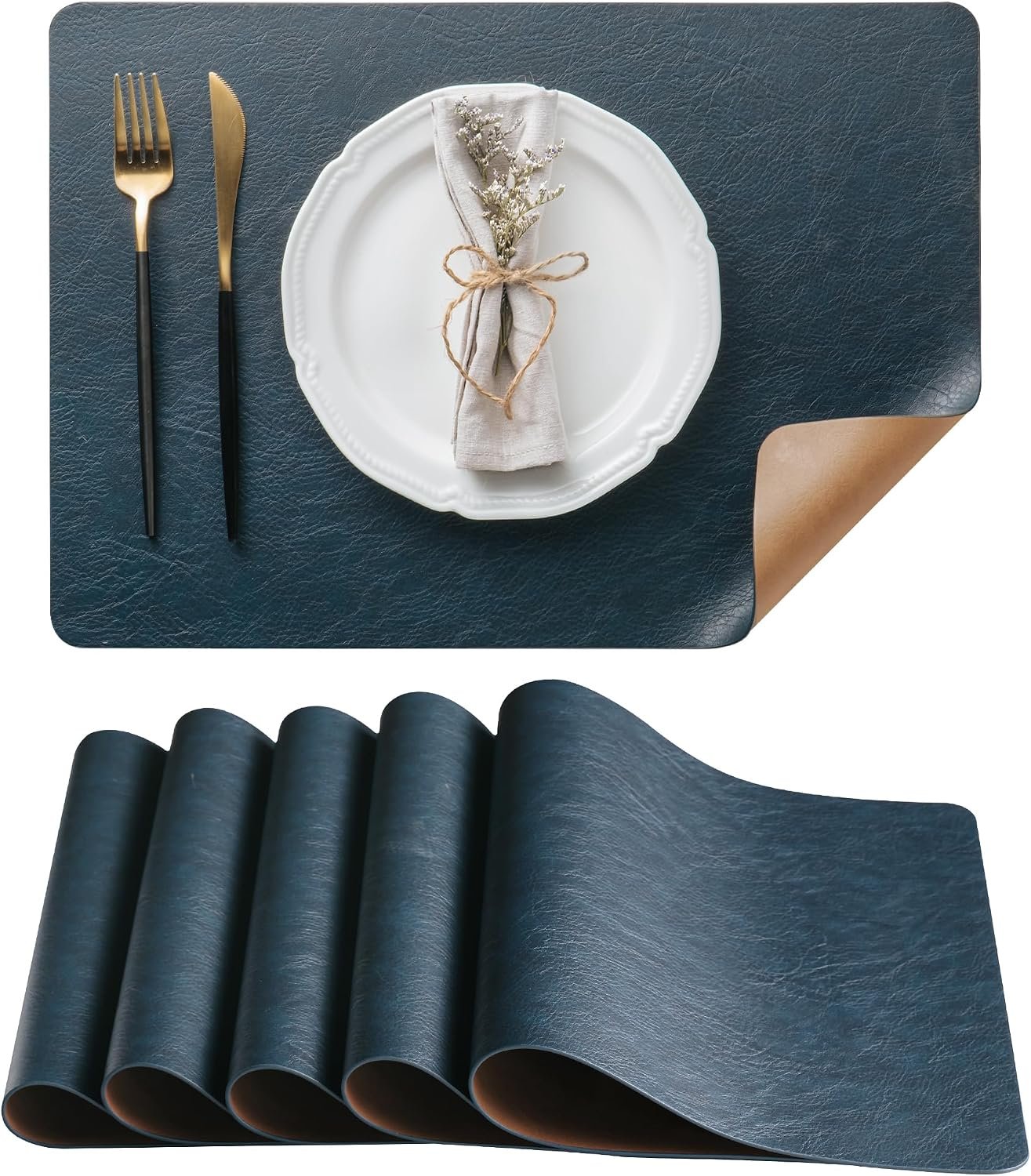 Placemats Set of 6, DOLOPL Reversible Dual-Color Faux Leather Place Mats 17″x11.8″– Waterproof, Heat Resistant, Washable & Wipeable, Luxury Retro Style for Kitchen, Dining Table (Camel/Navy Blue)