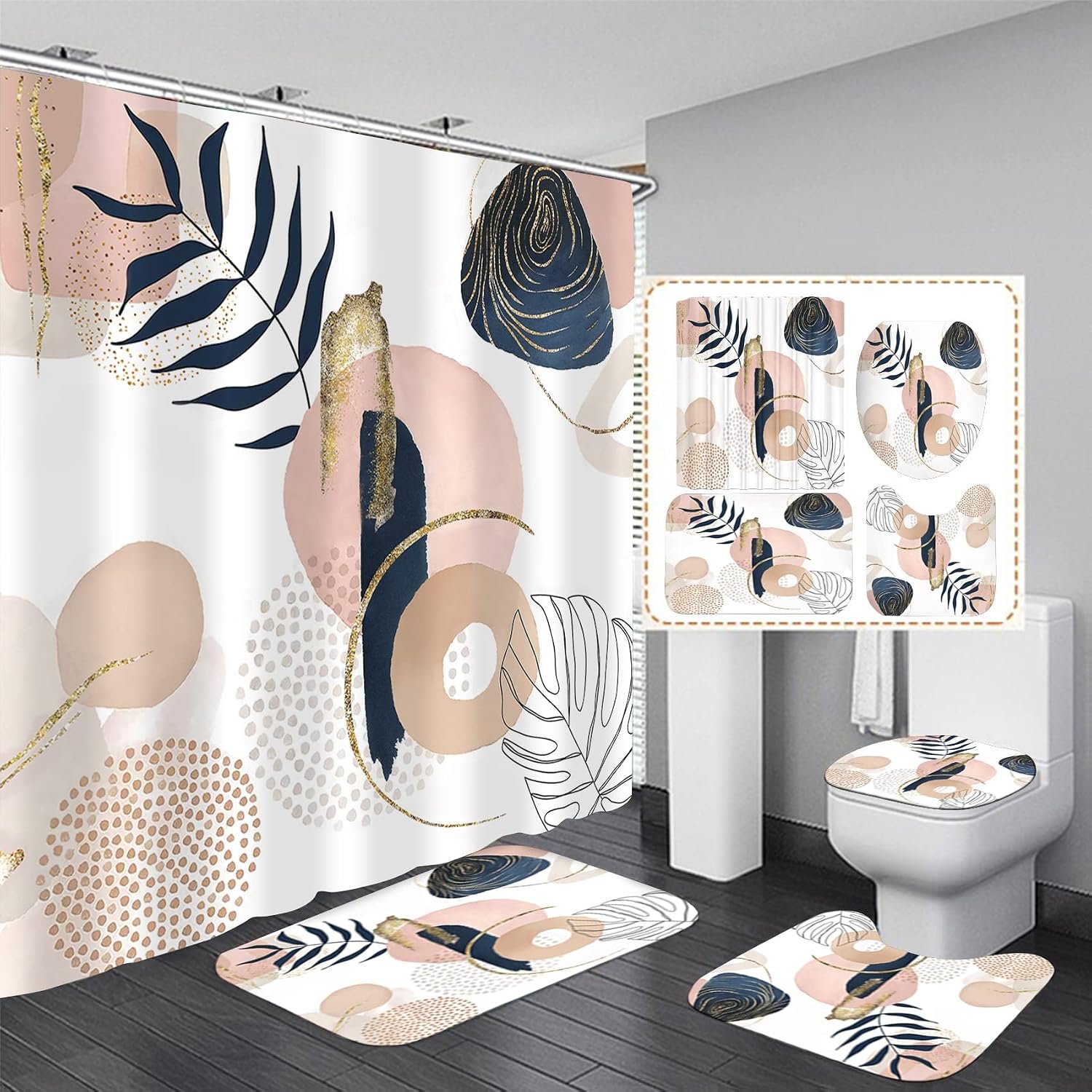 LQCOOL 4Pcs Boho Abstract Shower Curtain Set with Rugs Boho Bathroom Set | Modern Boho Bathroom Decor,Waterproof Curtain,Bath Mat,U-Shaped Rug,12 Hooks,Toilet Lid Cover,70.8×70.8 In