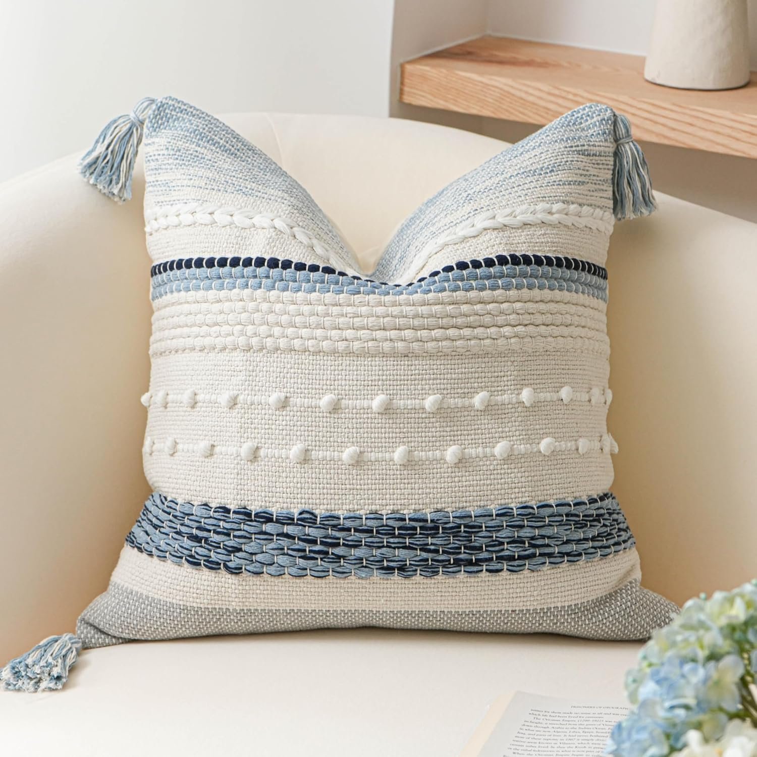 Coastal Blue Boho Decorative Throw Pillow Cover 20×20 Modern Bohemian Accent Pillow Case Square Woven Textured Farmhouse Pillows for Couch Bed (Pack of 1)