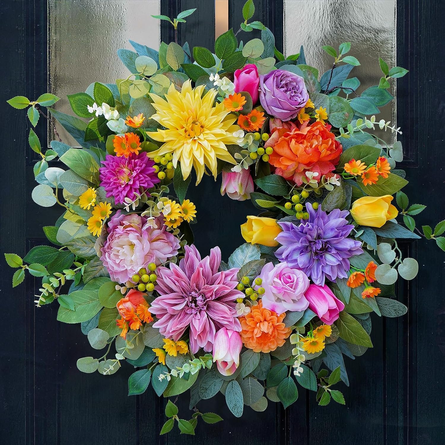 24 Inch Spring Summer Wreaths for Front Door Outside, Luxury Colorful Seasonal Floral Wreath with Chrysanthemums Roses Tulips & Berries, Faux Spring Summer Door Wreath for Outdoor Home Decor