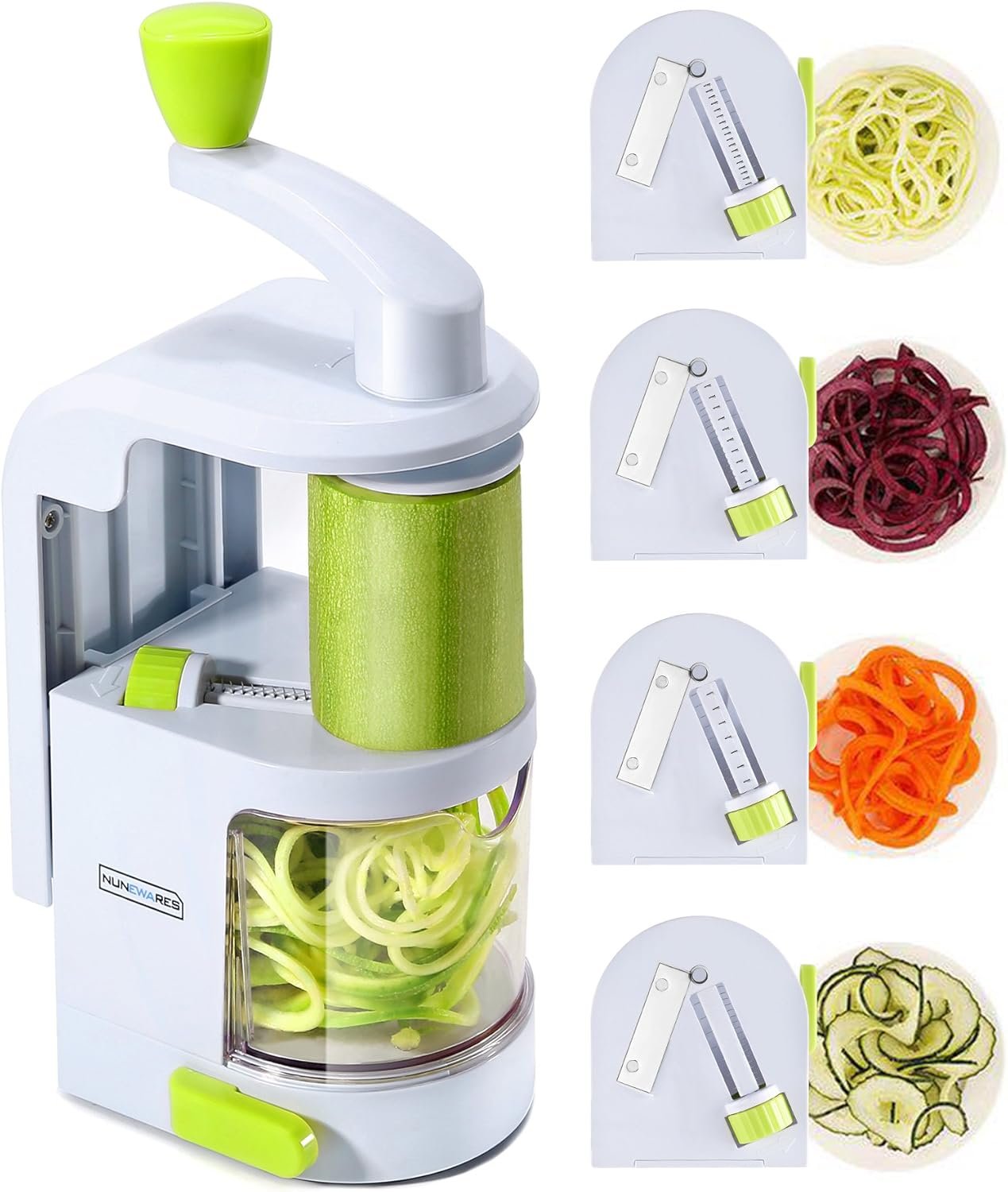 Vegetable Spiralizer, 4-Blade Zoodle Maker, Strong Suction & 500ml Bin | No-Touch Blade Operation; Ultra-Sharp Japanese Steel; Stable Non-Slip Base; Includes Recipe Book & Cleaning Brush