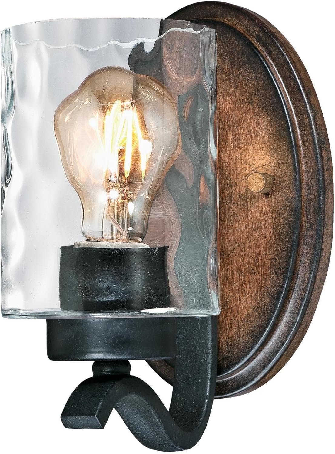 6331600 Barnwell One-Light Indoor Wall Fixture, Textured Iron and Barnwood Finish with Clear Hammered Glass