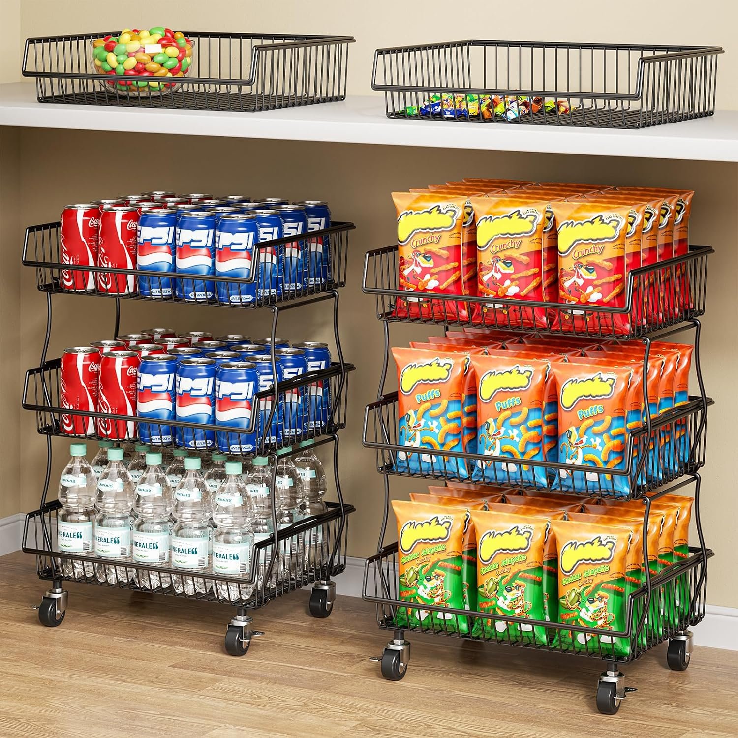 3-Tier Rolling Pantry Organizers Fruit Vegetable Storage Basket Cart | 23.62″H under pantry shelf, metal frame, extra standing feet, kitchen produce wire basket for snack fruit onion potato, black