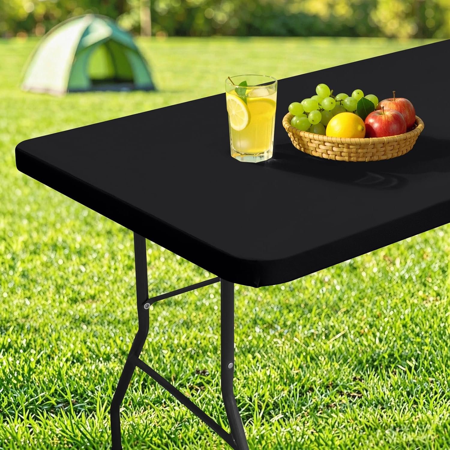 Rectangle Table Cloth Cover 6 Foot Black Elastic Fitted Tablecloth | Water-Resistant Polyester Tablecloth Fits 30″ x 72″ Folding Tables, Washable Table Protector for Picnic, Camping, Outdoor