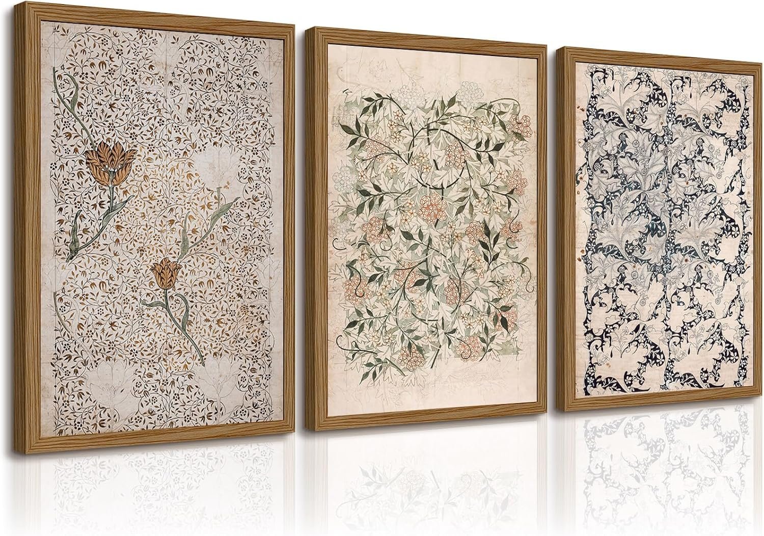 Vintage William Morris Wall Art Framed Decor Boho Floral Botanical Canvas Pictures Abstract Neutral Flower Prints Vintage Farmhouse Artwork Painting for Living Room Bedroom 12×16 Inch Set of 3